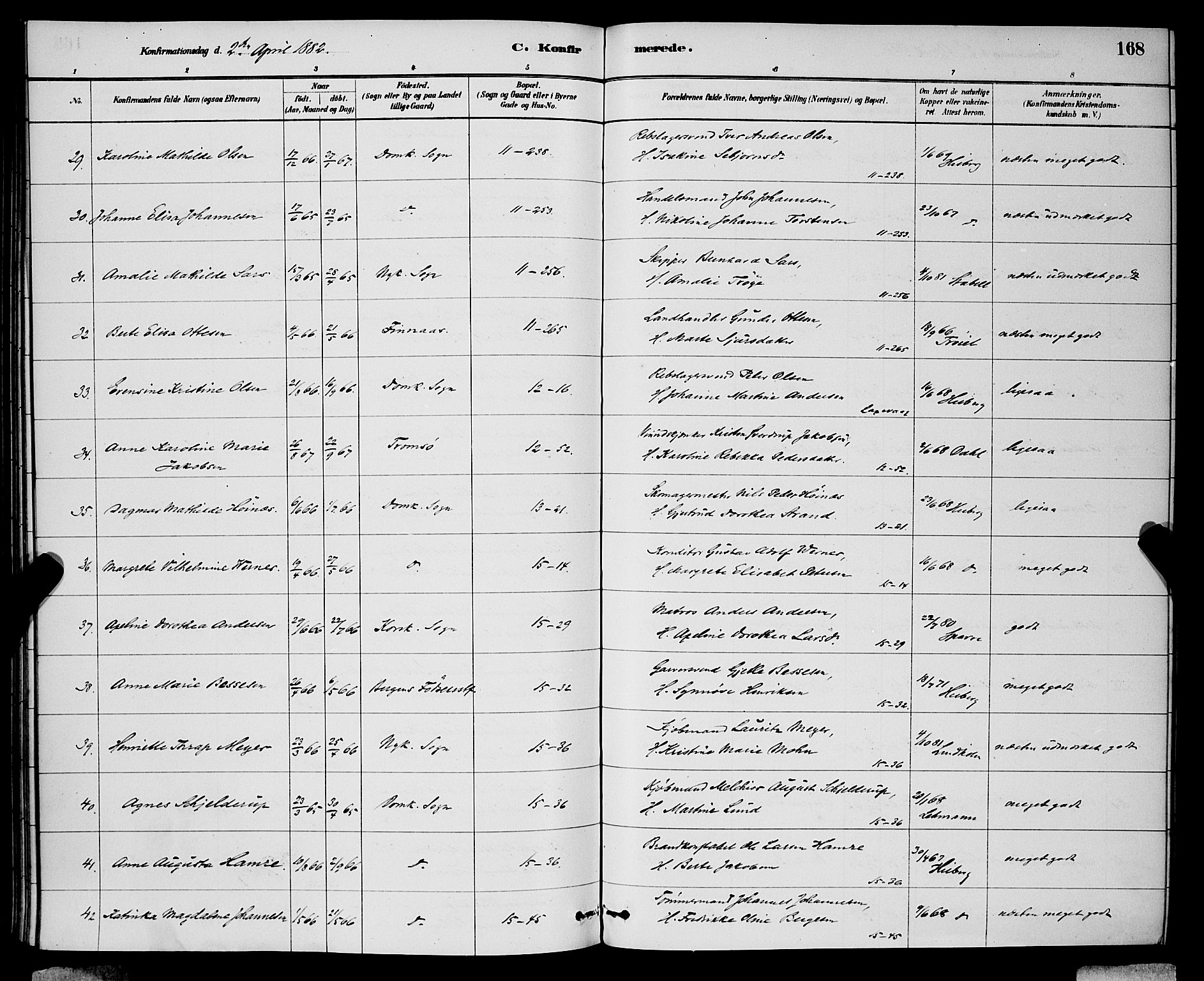 Domkirken sokneprestembete, AV/SAB-A-74801/H/Hab/L0024: Parish register (copy) no. C 4, 1880-1899, p. 168