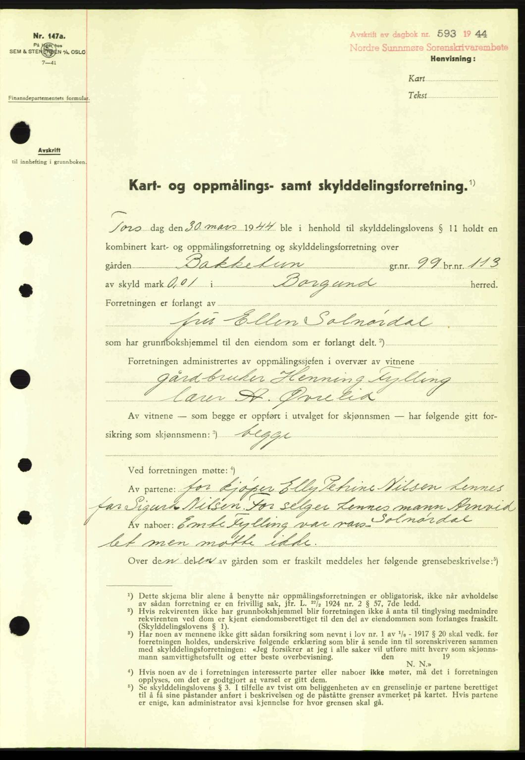 Nordre Sunnmøre sorenskriveri, AV/SAT-A-0006/1/2/2C/2Ca: Mortgage book no. A17, 1943-1944, Diary no: : 593/1944