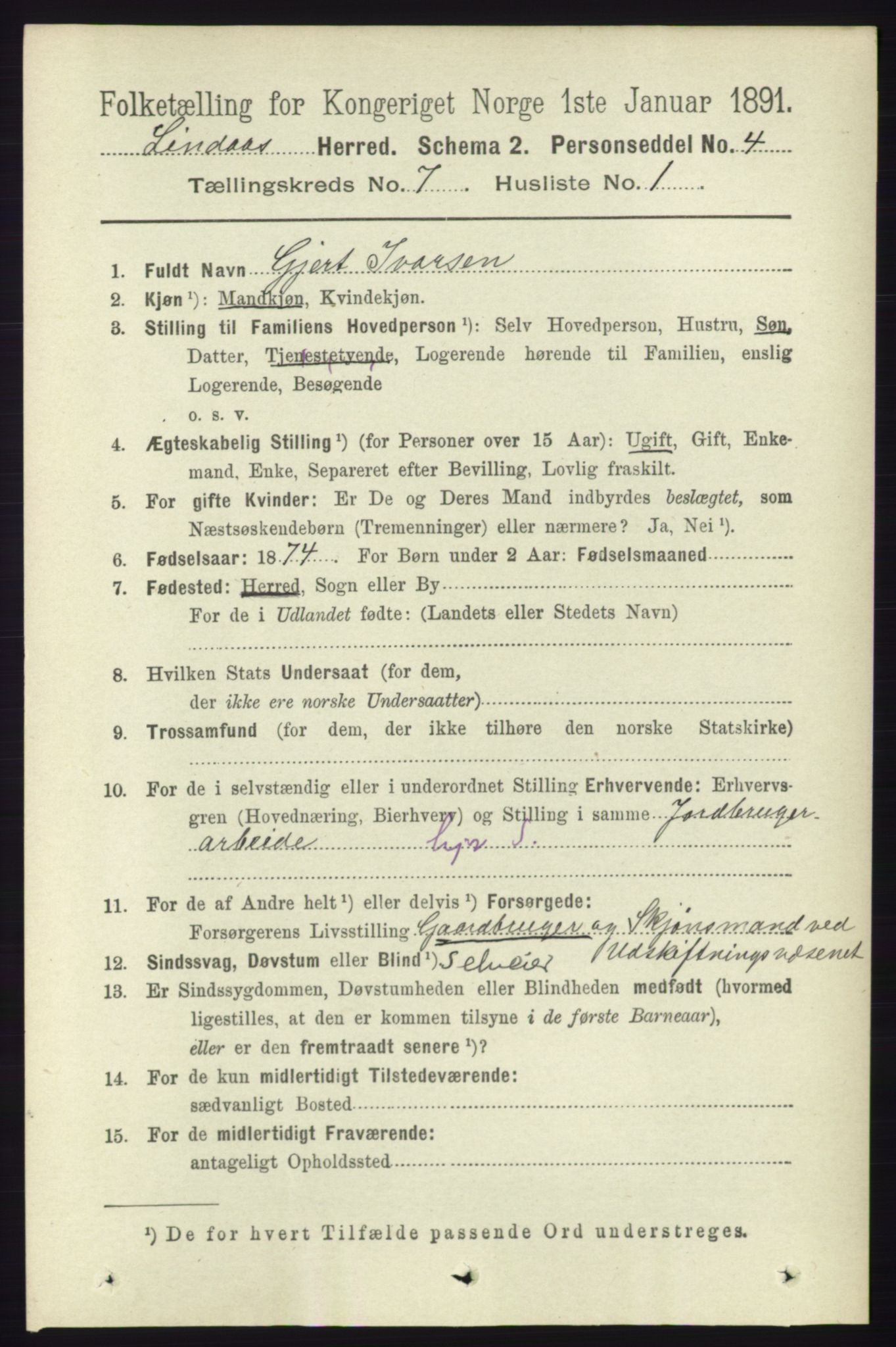 RA, 1891 census for 1263 Lindås, 1891, p. 2080