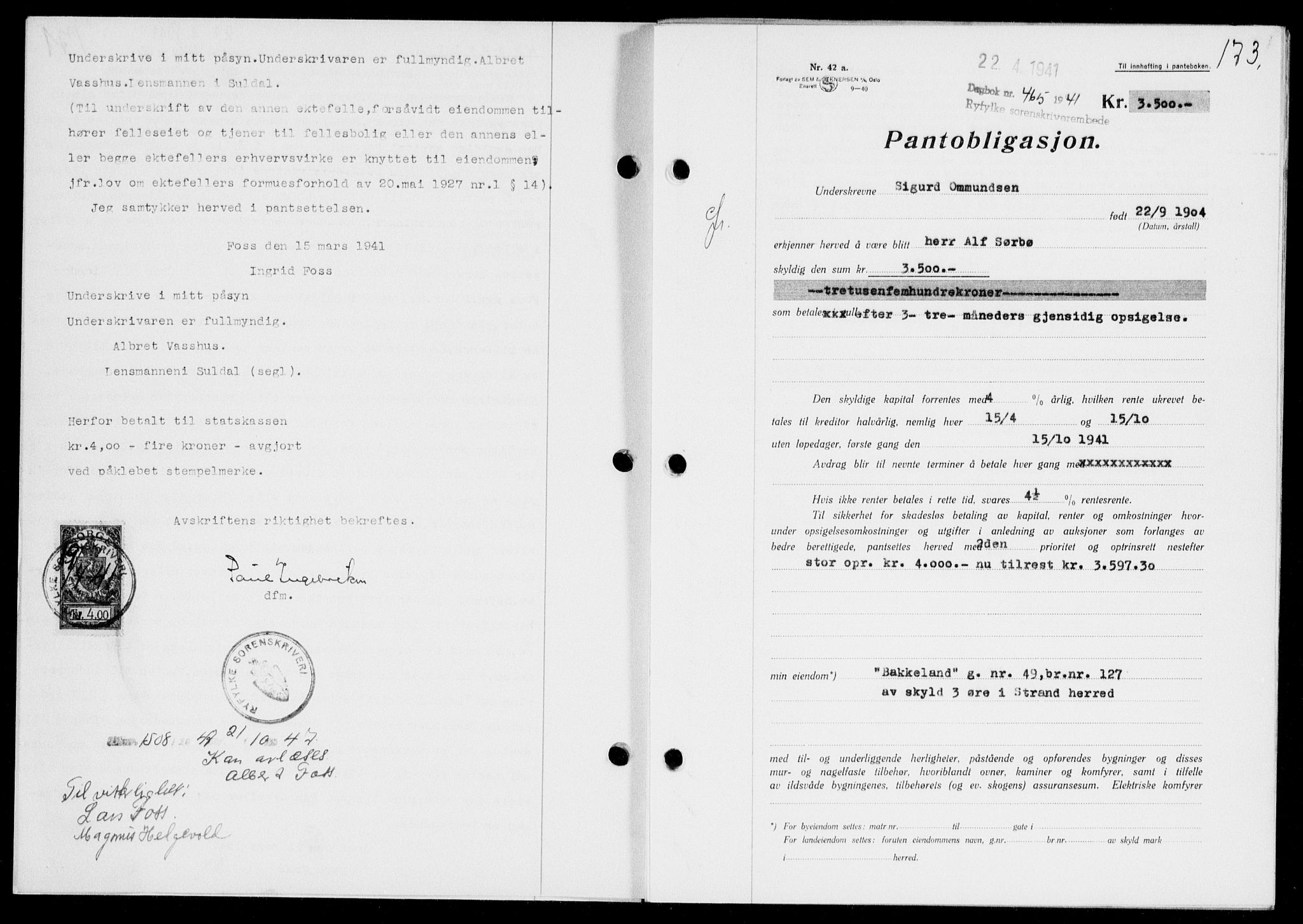Ryfylke tingrett, SAST/A-100055/001/II/IIB/L0083: Mortgage book no. 62, 1941-1941, Diary no: : 465/1941
