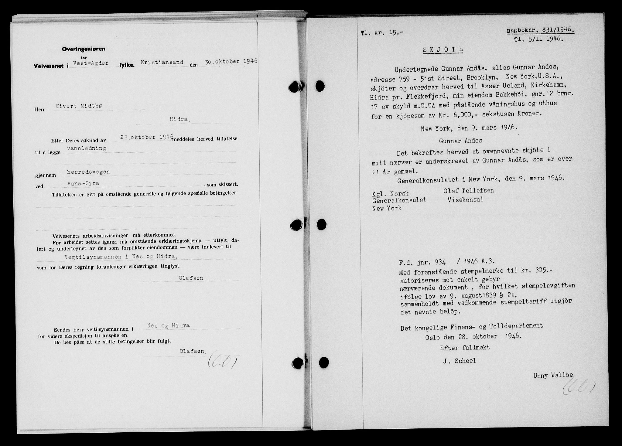 Flekkefjord sorenskriveri, SAK/1221-0001/G/Gb/Gba/L0061: Mortgage book no. A-9, 1946-1947, Diary no: : 831/1946