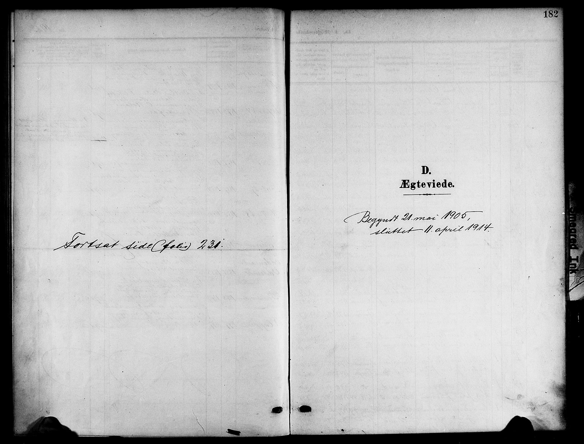 Kristiansand domprosti, AV/SAK-1112-0006/F/Fb/L0019: Parish register (copy) no. B 19, 1905-1914, p. 182