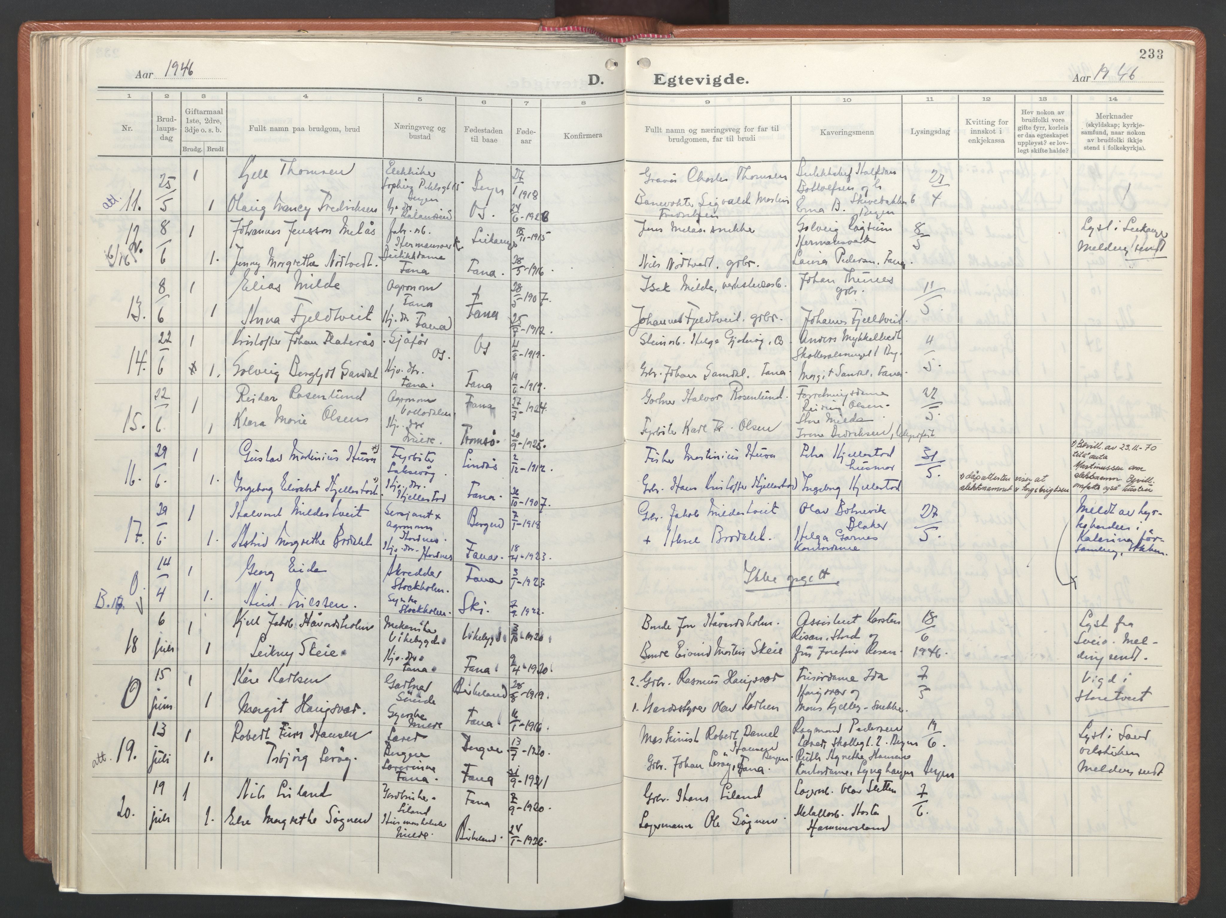 Fana Sokneprestembete, AV/SAB-A-75101/H/Haa/Haab/L0007: Parish register (official) no. B 7, 1934-1947, p. 233