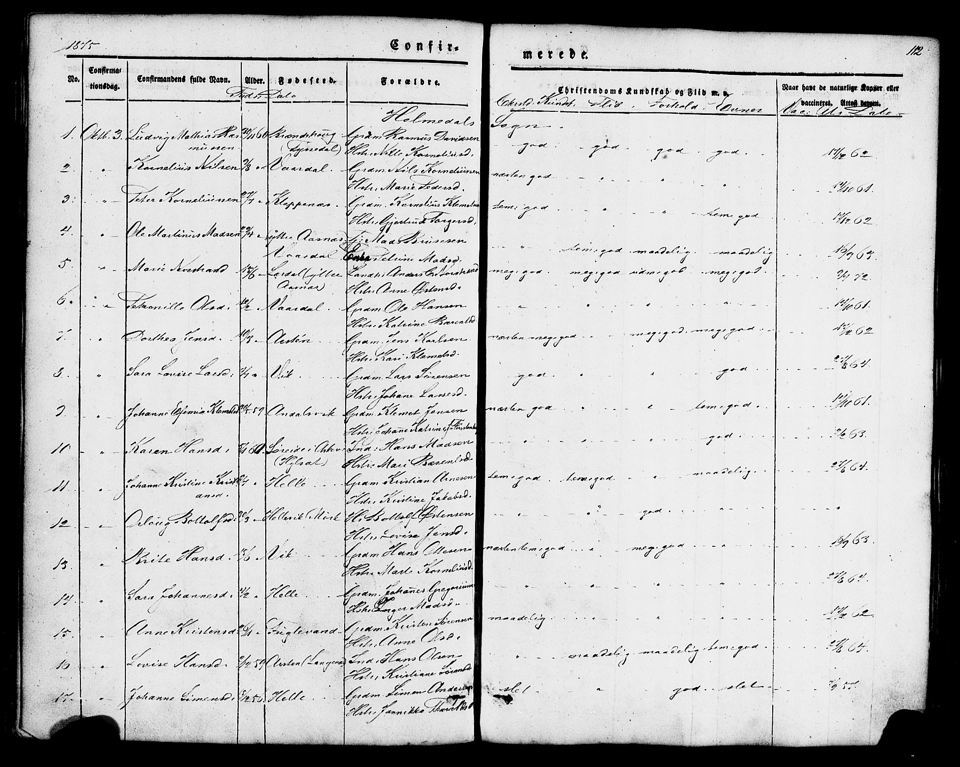 Fjaler sokneprestembete, AV/SAB-A-79801/H/Haa/Haaa/L0008: Parish register (official) no. A 8, 1850-1886, p. 112