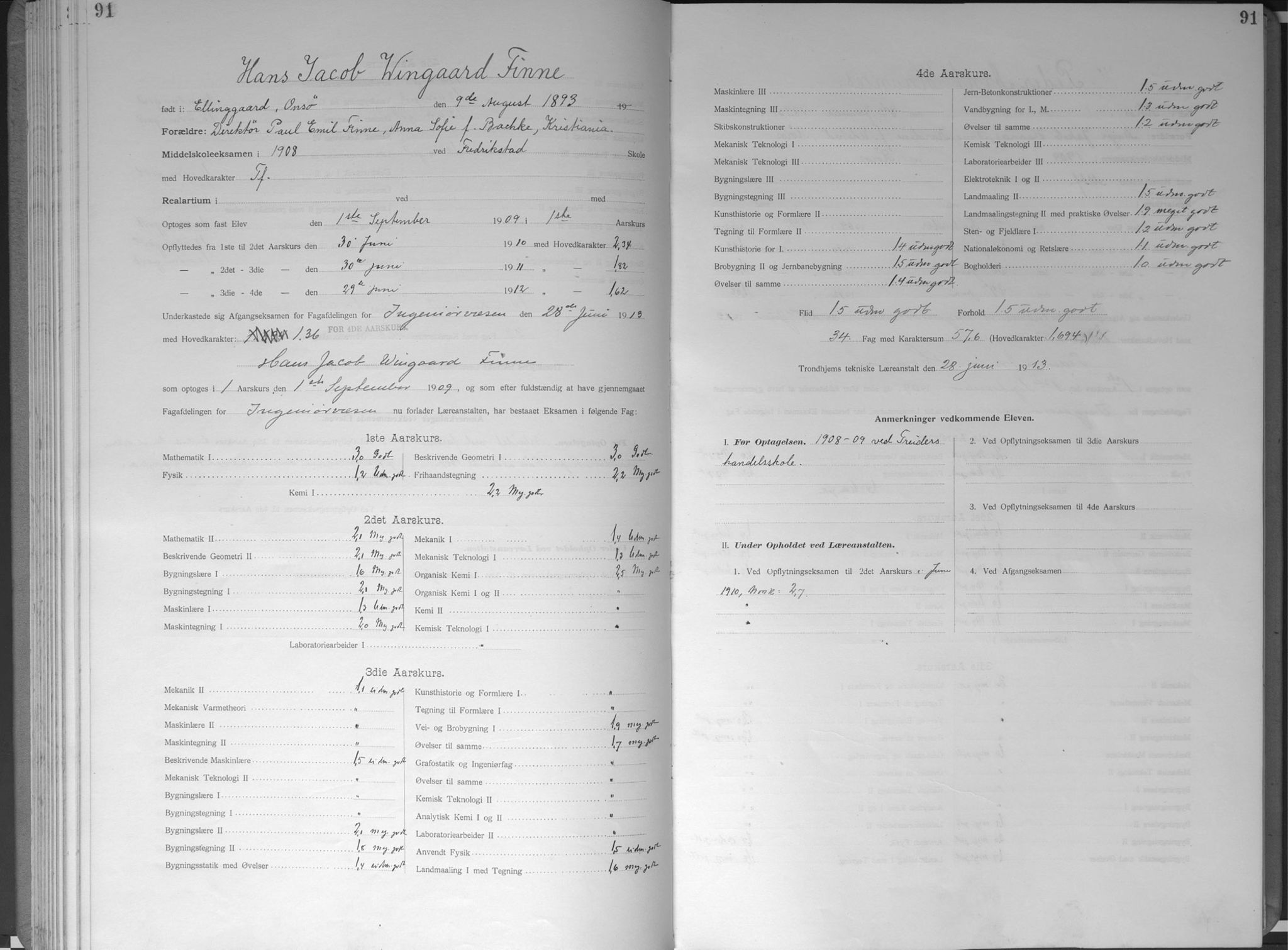 Trondhjems tekniske læreanstalt, SAT/A-1622/G/Ga/L0049: Karakterprotokoll, faste elever, 1907-1912