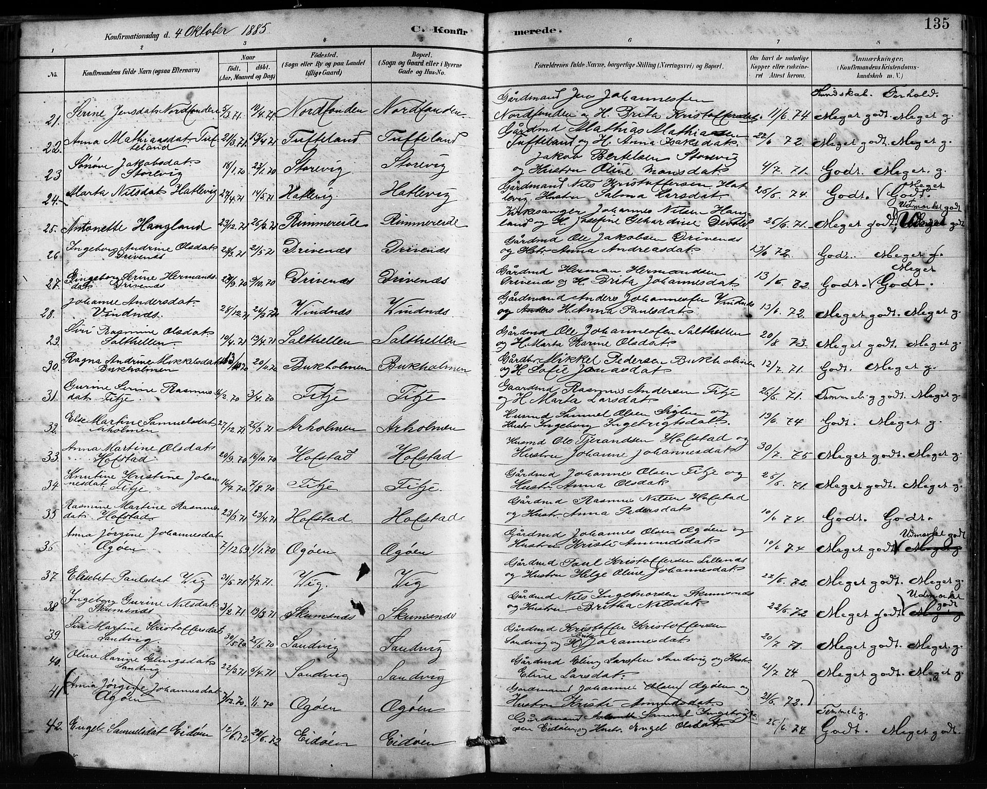 Fitjar sokneprestembete, SAB/A-99926: Parish register (official) no. A 2, 1882-1899, p. 135