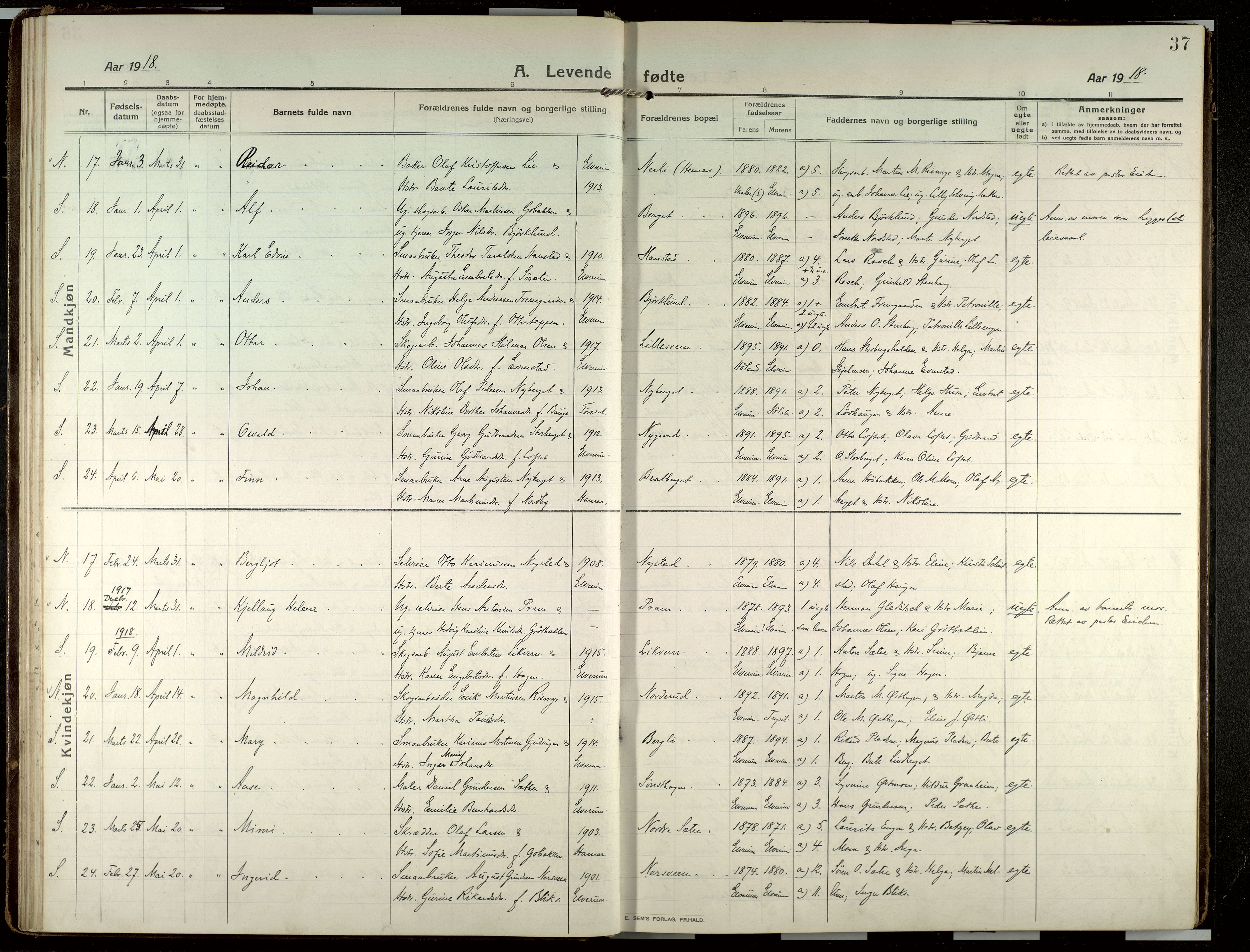 Elverum prestekontor, SAH/PREST-044/H/Ha/Haa/L0022: Parish register (official) no. 22, 1913-1924, p. 37