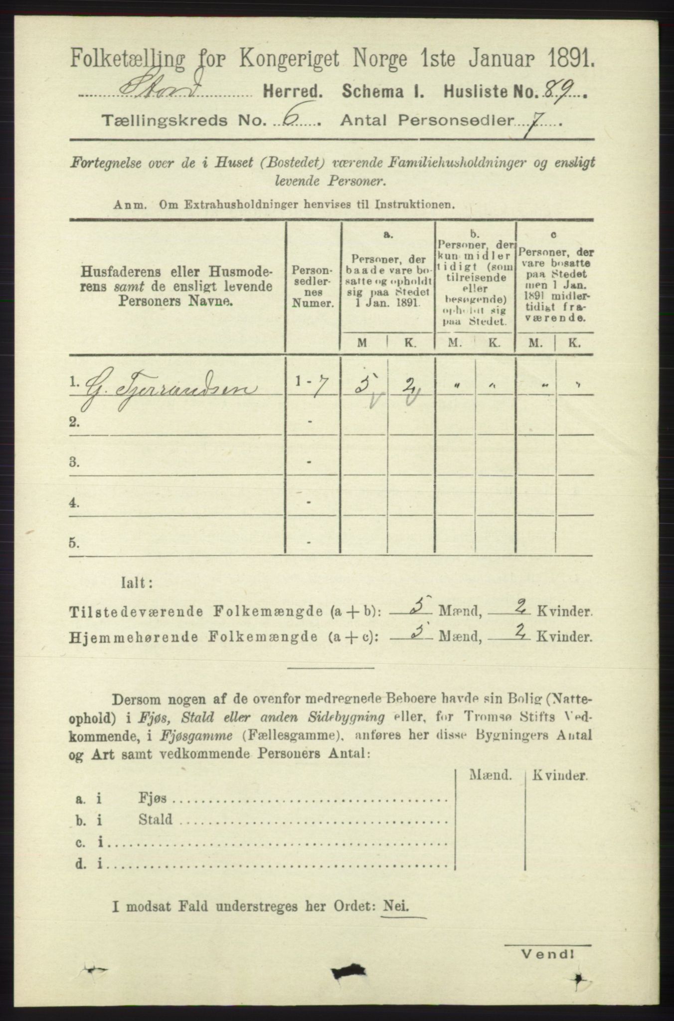 RA, 1891 census for 1221 Stord, 1891, p. 2160