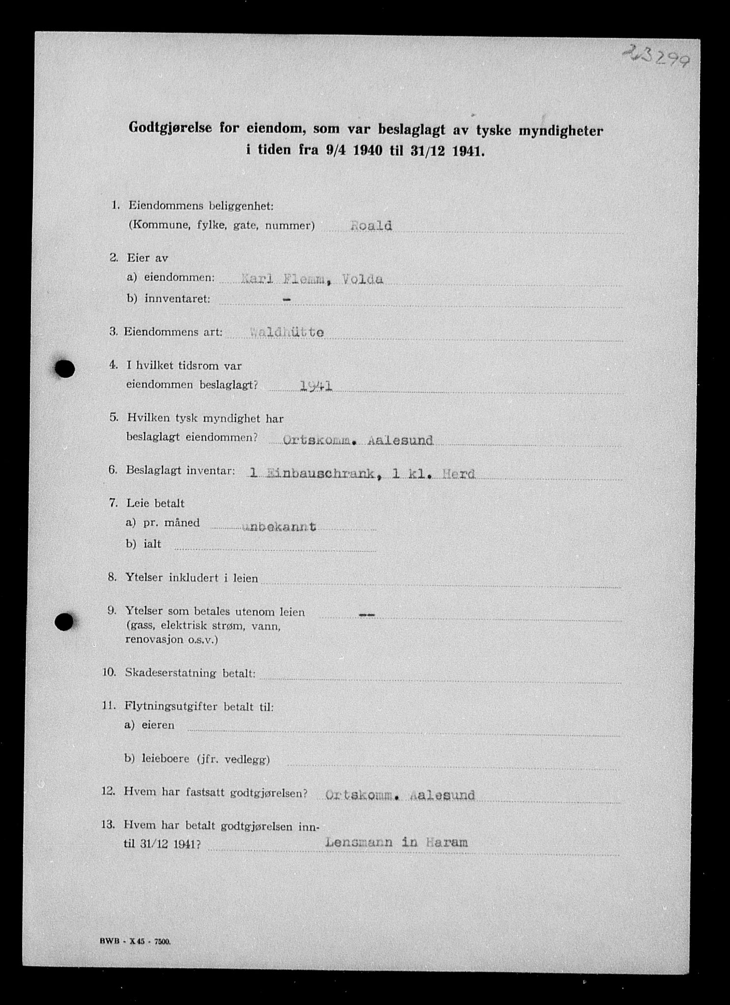 Justisdepartementet, Tilbakeføringskontoret for inndratte formuer, AV/RA-S-1564/I/L1017: Godtgjørelse for beslaglagt eiendom, 1940-1941, p. 67