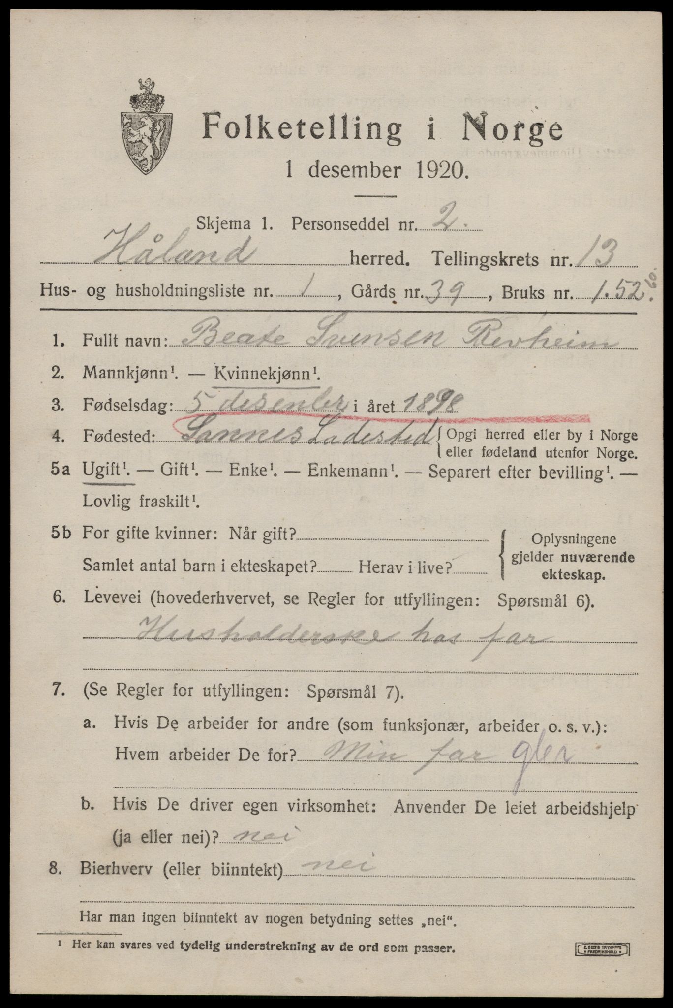 SAST, 1920 census for Håland, 1920, p. 9235