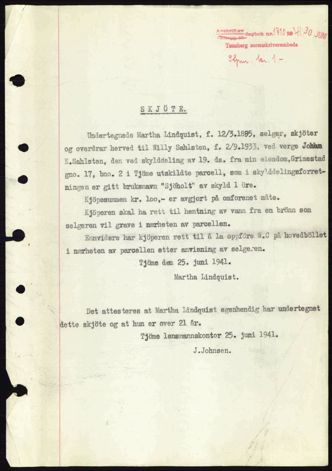 Tønsberg sorenskriveri, AV/SAKO-A-130/G/Ga/Gaa/L0010: Mortgage book no. A10, 1941-1941, Diary no: : 1710/1941