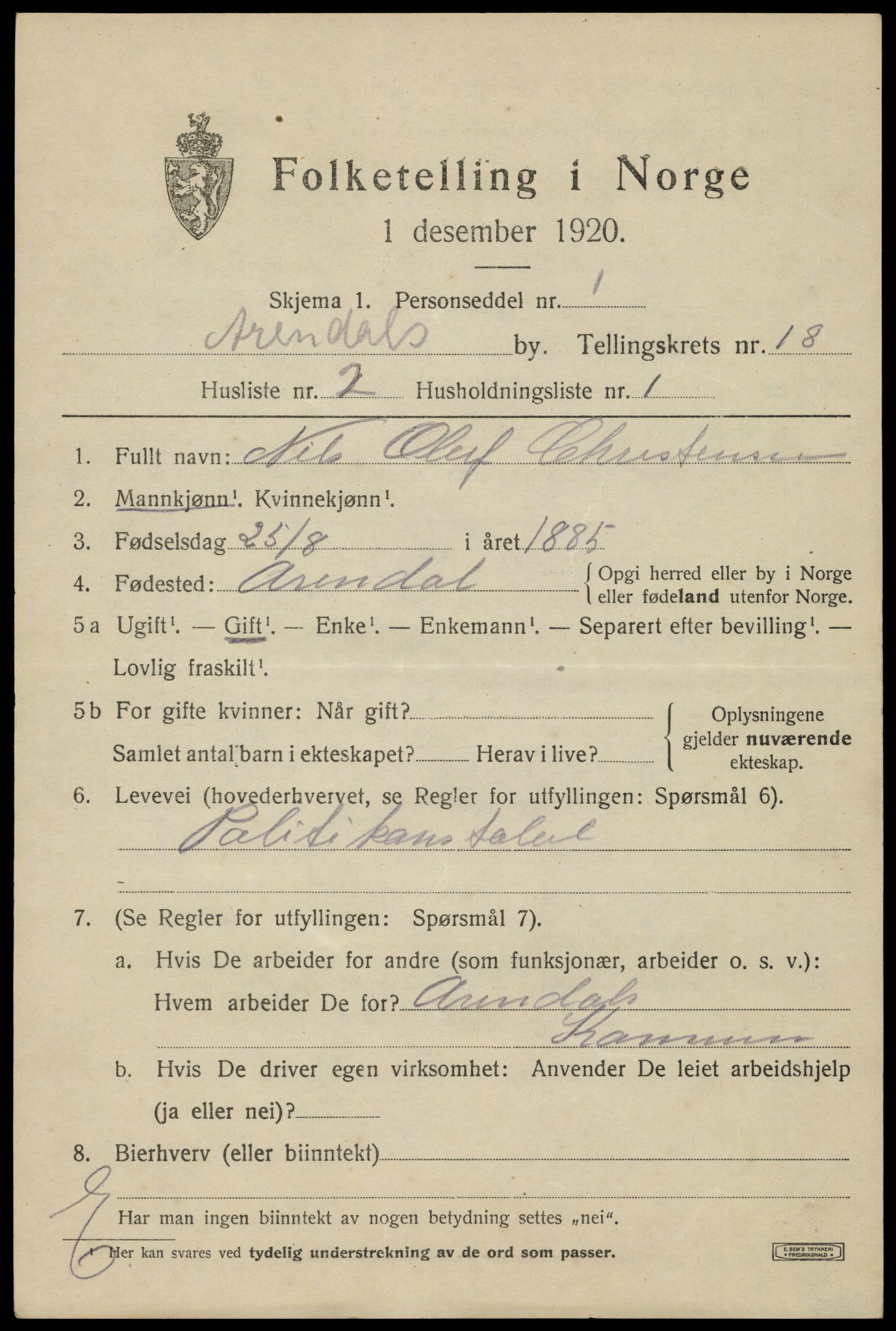 SAK, 1920 census for Arendal, 1920, p. 24948