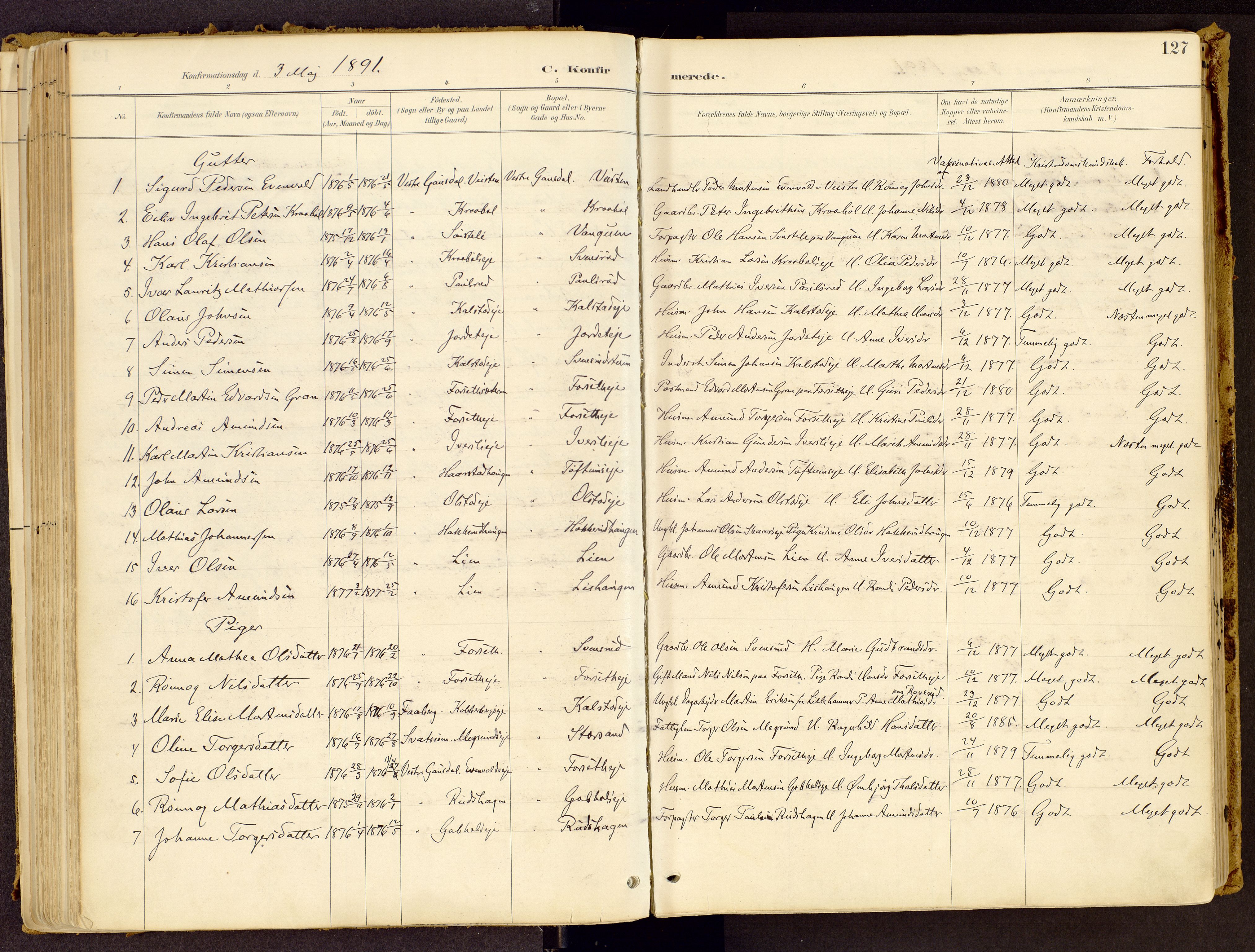 Vestre Gausdal prestekontor, SAH/PREST-094/H/Ha/Haa/L0001: Parish register (official) no. 1, 1887-1914, p. 127