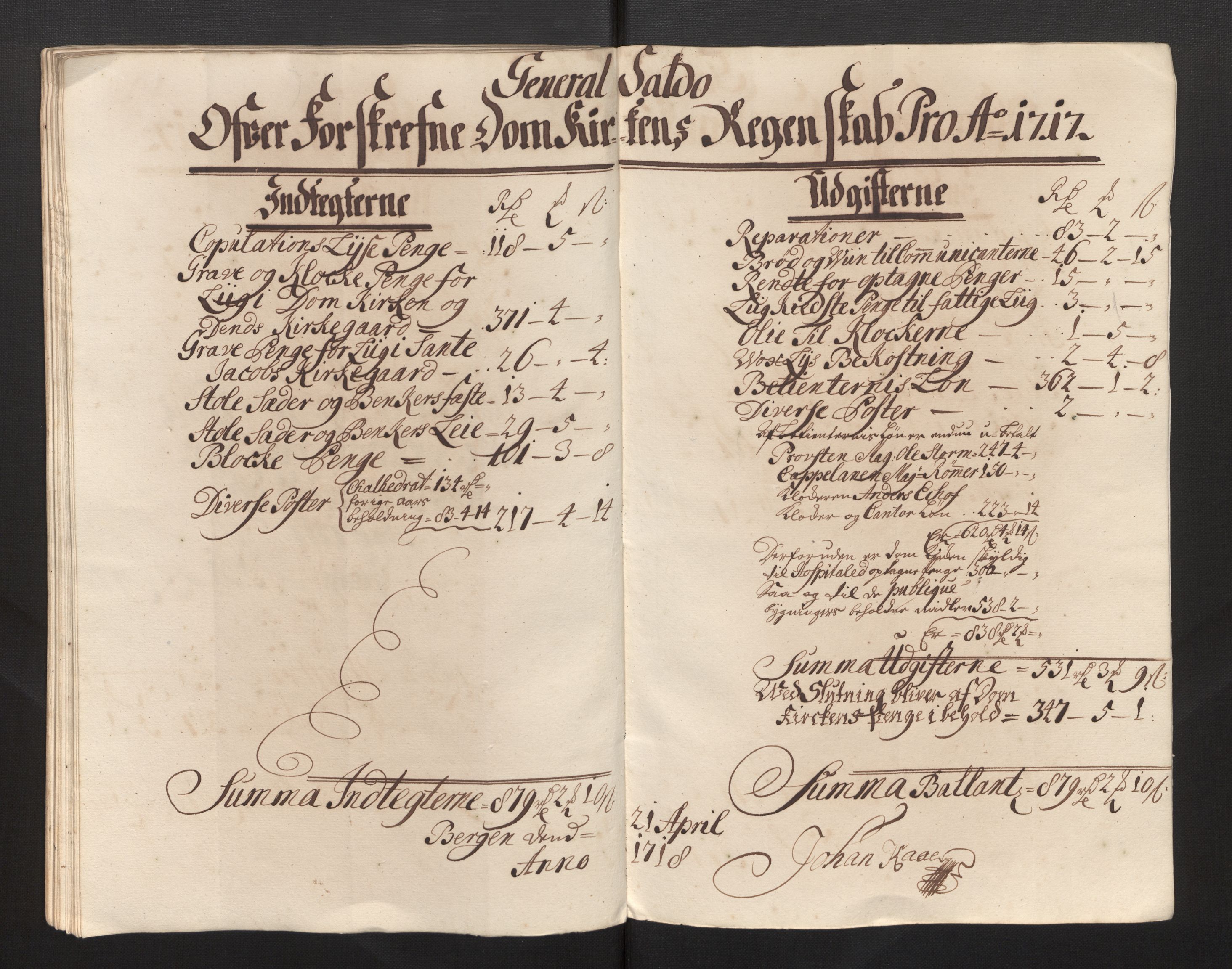 Stiftamtmannen i Bergen, AV/SAB-A-100006/F/Fb/Fbb/0001 / Lnr. 1737 - Domkirken: Rekneskapar, 1706-1721