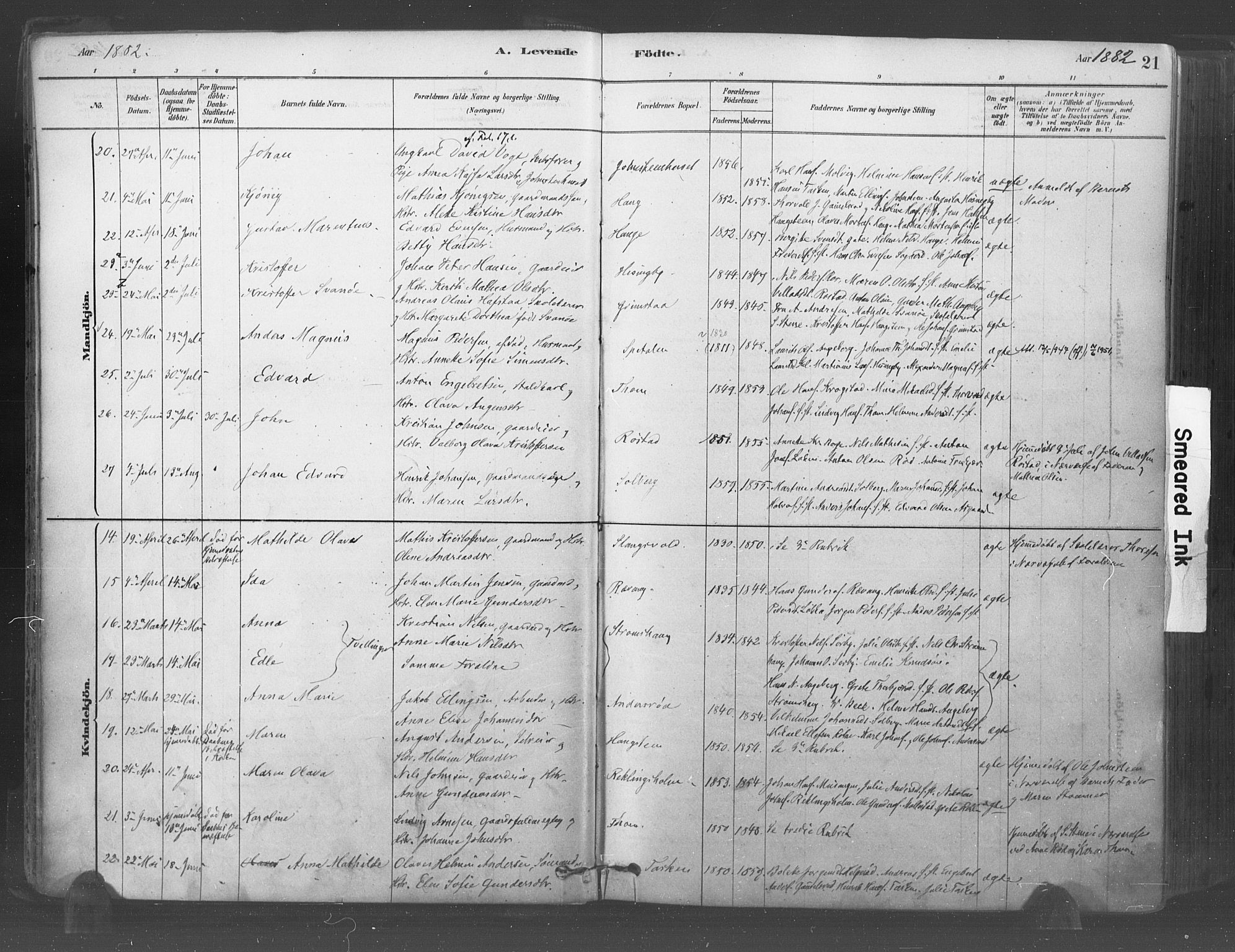 Råde prestekontor kirkebøker, AV/SAO-A-2009/F/Fa/L0007: Parish register (official) no. 7, 1878-1902, p. 21