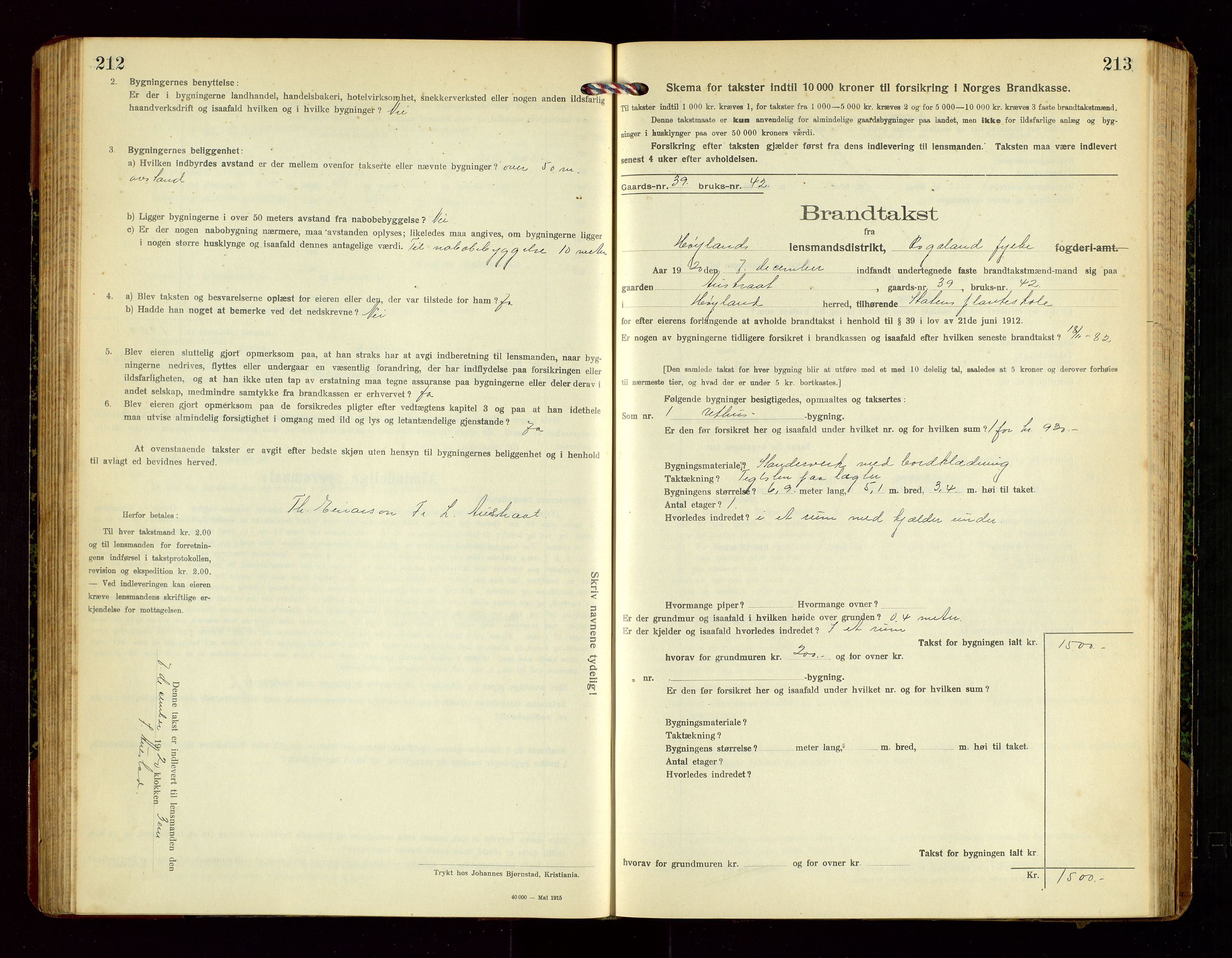 Høyland/Sandnes lensmannskontor, AV/SAST-A-100166/Gob/L0003: "Brandtakstprotokol", 1918-1924, p. 212-213