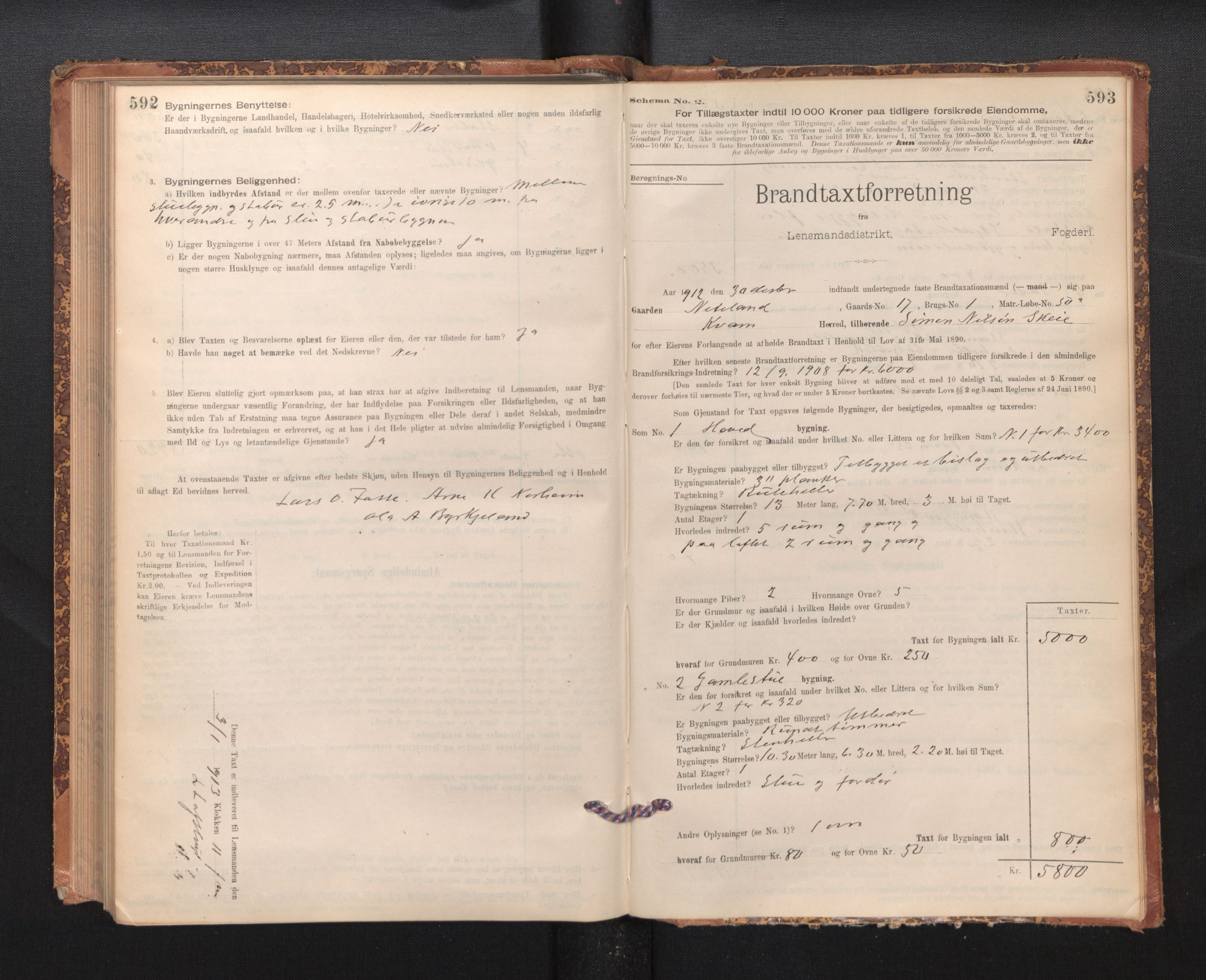 Lensmannen i Kvam, SAB/A-33201/0012/L0005: Branntakstprotokoll, skjematakst, 1894-1913, p. 592-593