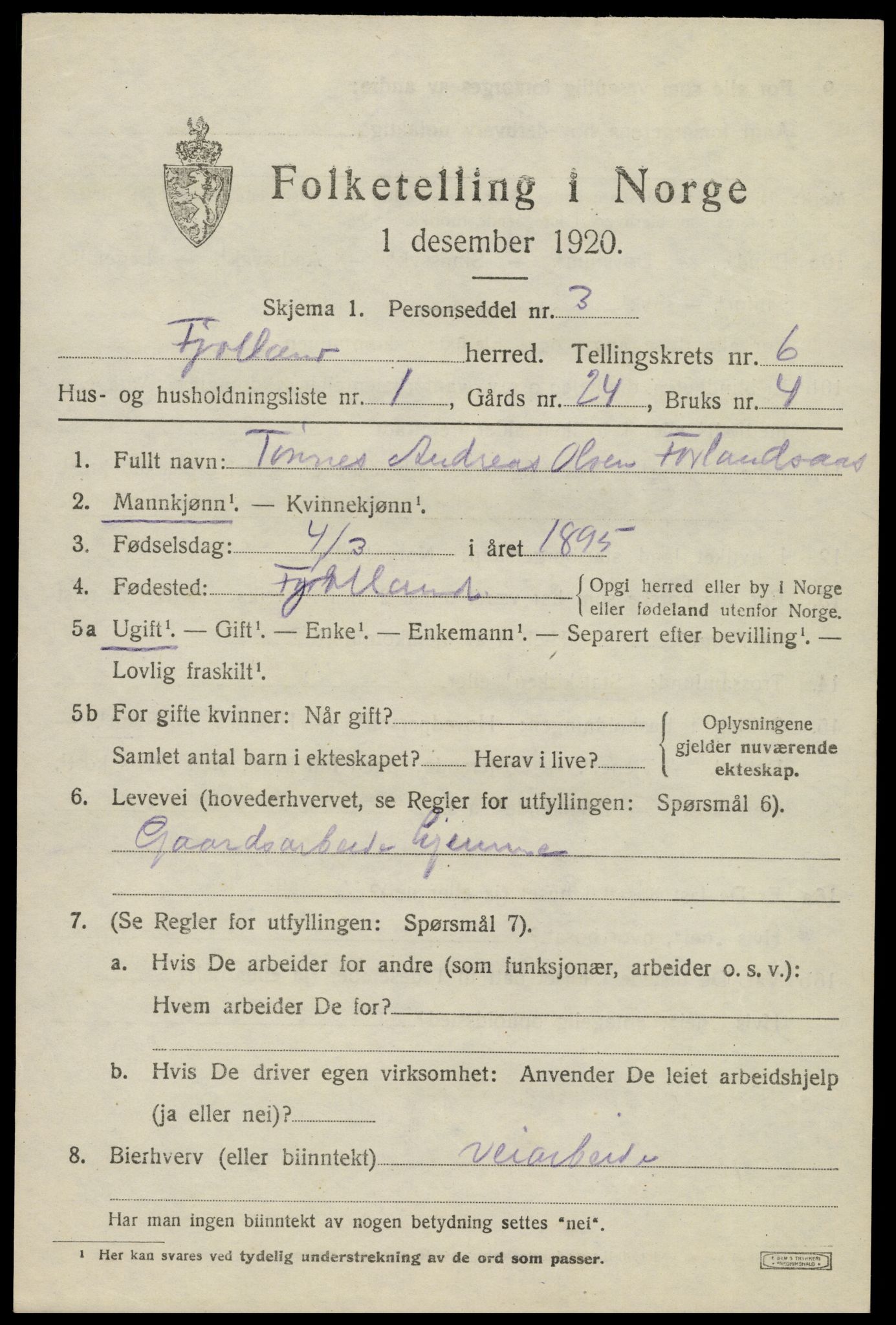 SAK, 1920 census for Fjotland, 1920, p. 1610