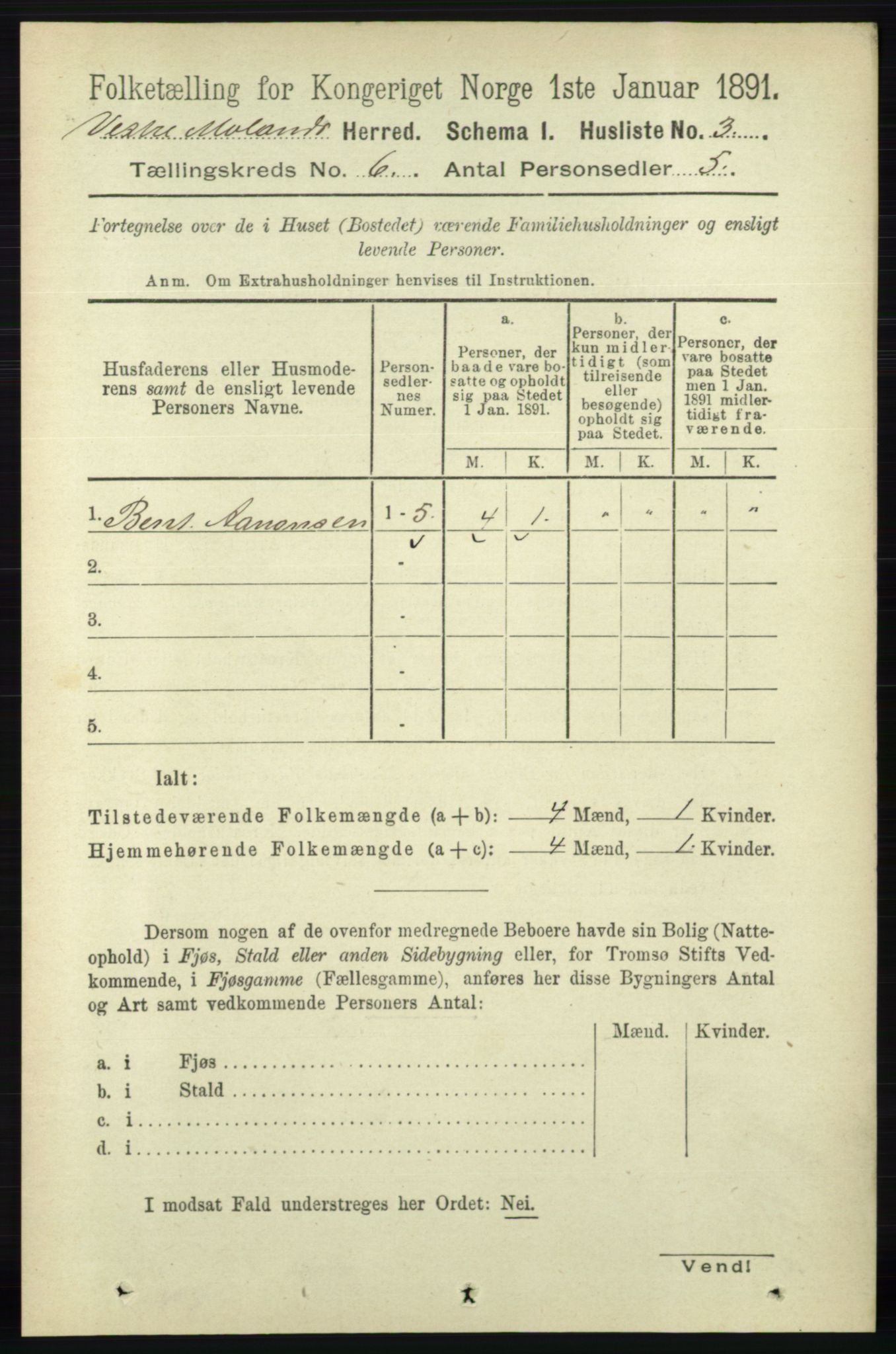 RA, 1891 census for 0926 Vestre Moland, 1891, p. 2272