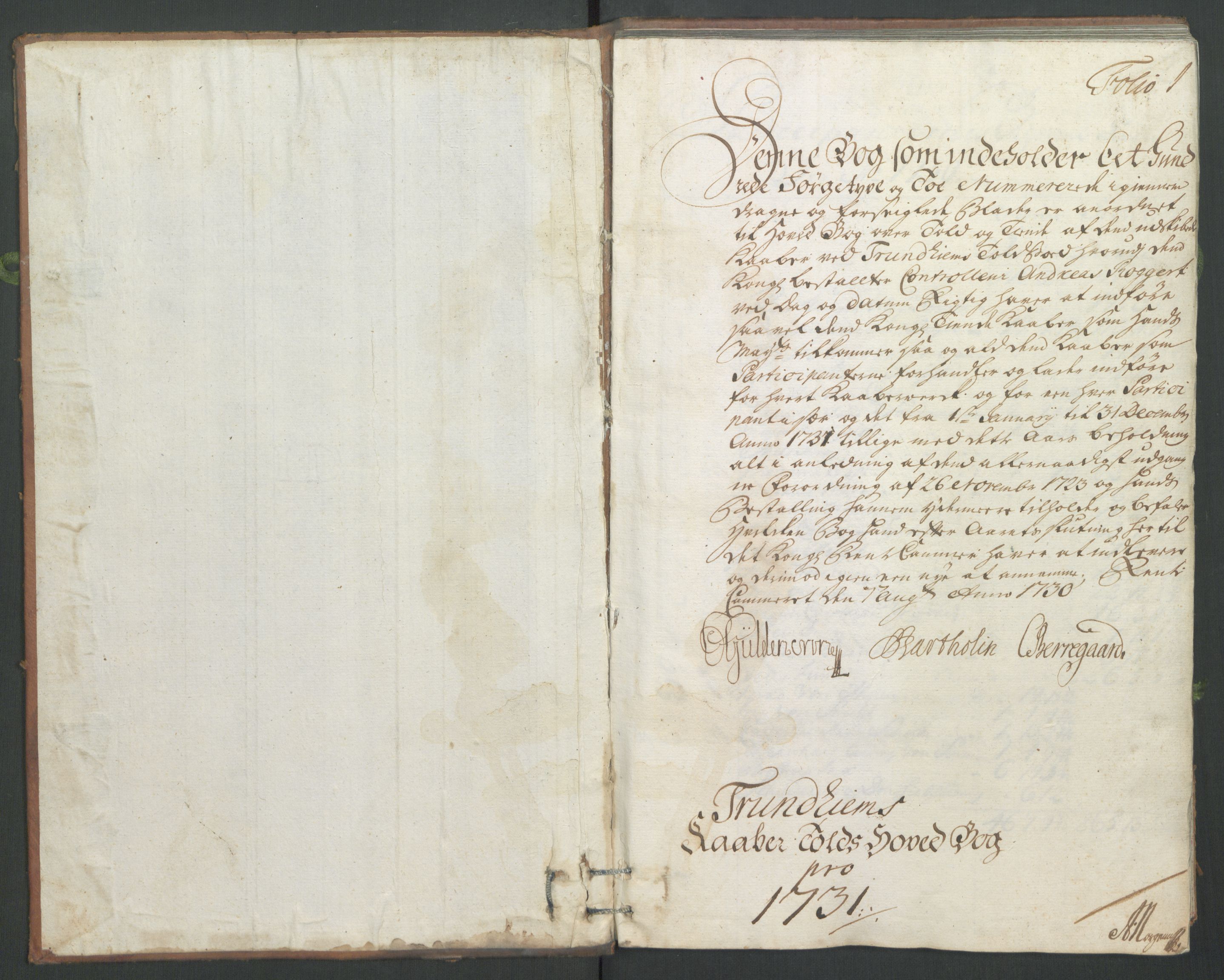 Generaltollkammeret, tollregnskaper, AV/RA-EA-5490/R33/L0014/0001: Tollregnskaper Trondheim A / Koppertoll-hovedbok, 1731, p. 1a