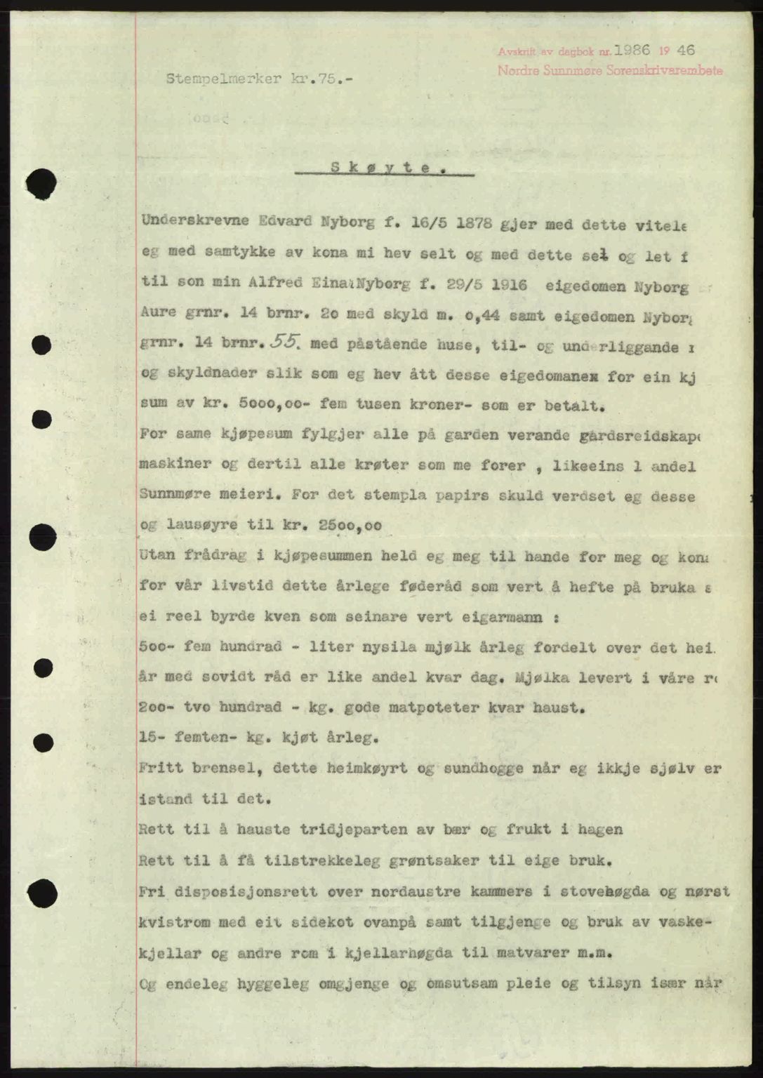 Nordre Sunnmøre sorenskriveri, AV/SAT-A-0006/1/2/2C/2Ca: Mortgage book no. A23, 1946-1947, Diary no: : 1986/1946