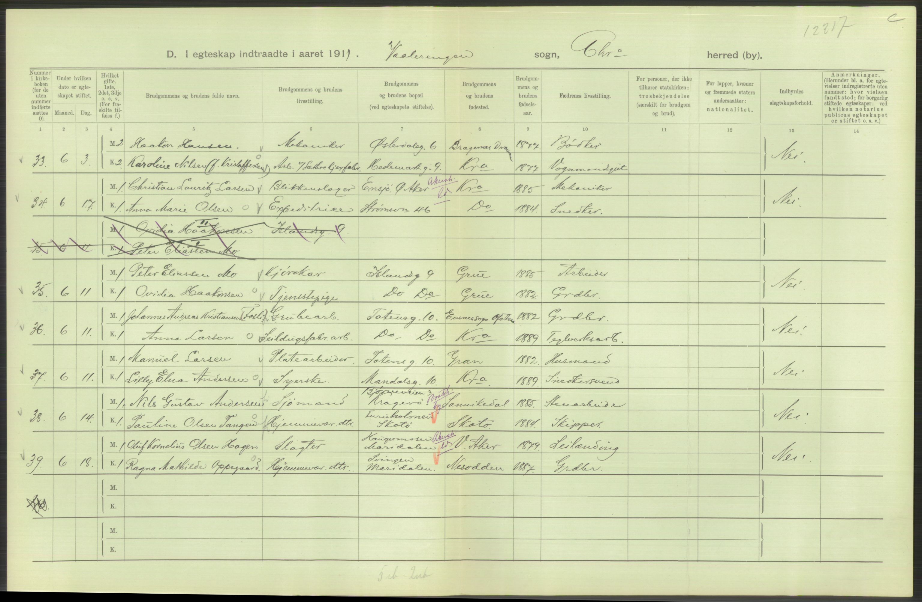 Statistisk sentralbyrå, Sosiodemografiske emner, Befolkning, AV/RA-S-2228/D/Df/Dfb/Dfba/L0008: Kristiania: Gifte, 1911, p. 268