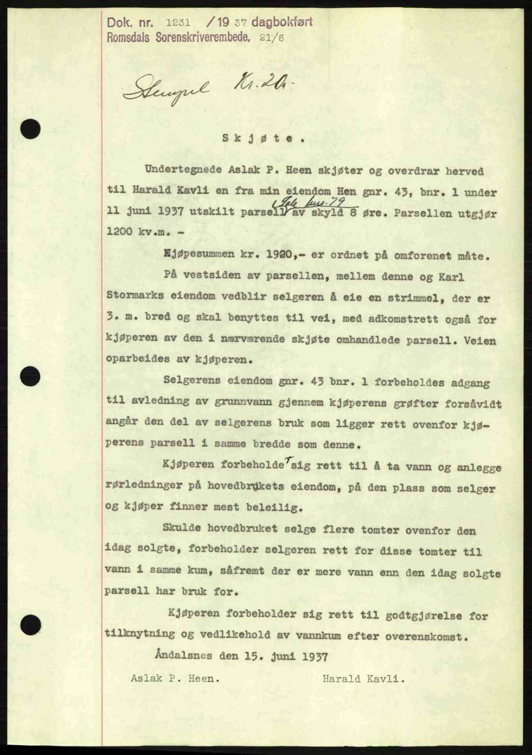 Romsdal sorenskriveri, SAT/A-4149/1/2/2C: Mortgage book no. A3, 1937-1937, Diary no: : 1231/1937