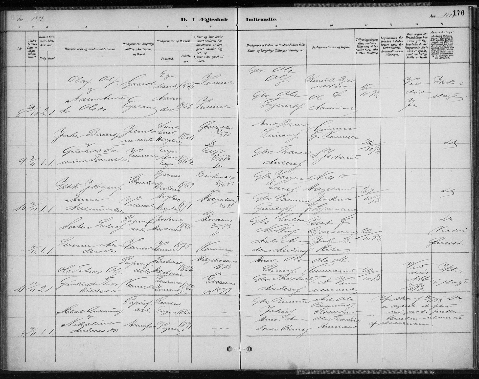 Vennesla sokneprestkontor, AV/SAK-1111-0045/Fa/Fab/L0004: Parish register (official) no. A 4, 1884-1896, p. 176