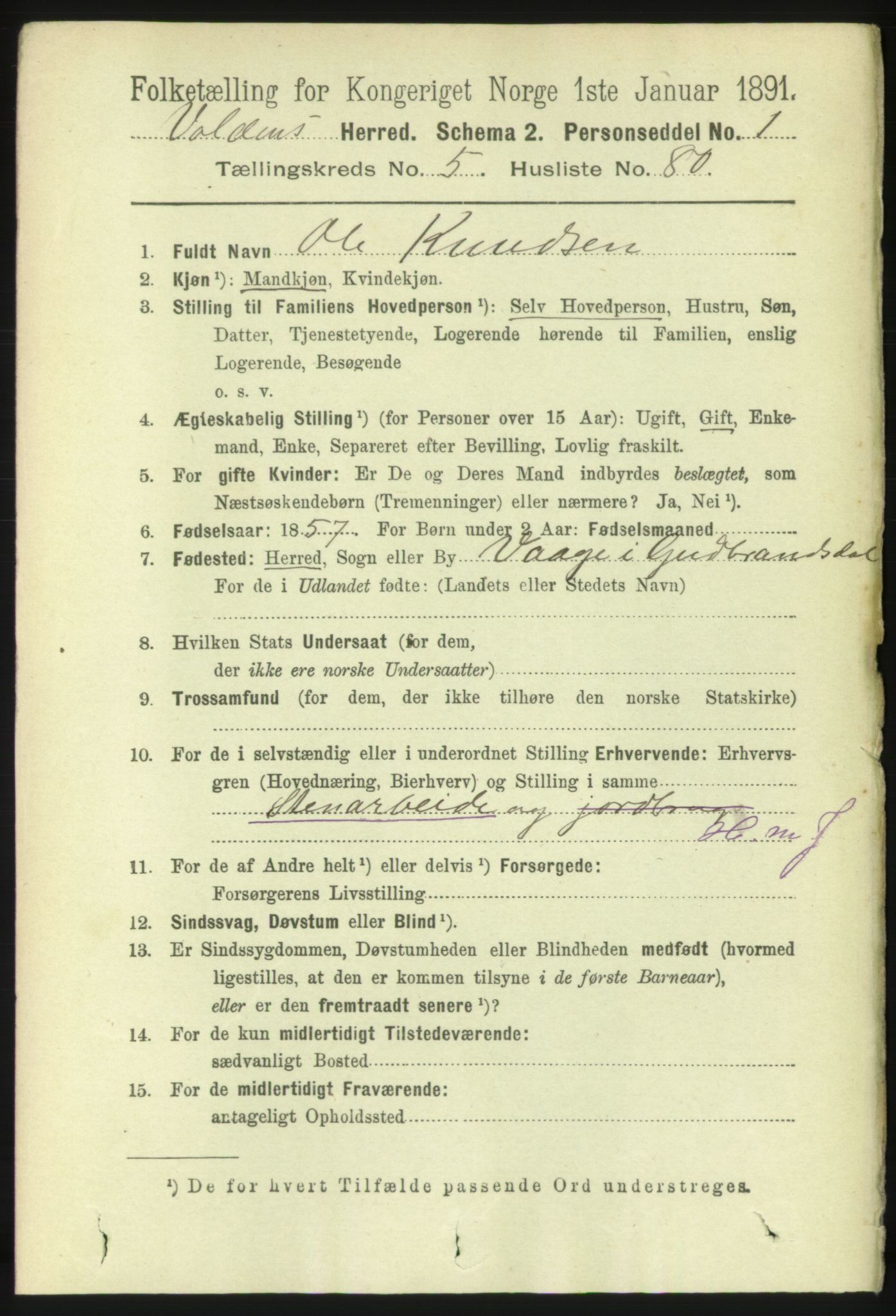 RA, 1891 census for 1519 Volda, 1891, p. 2785