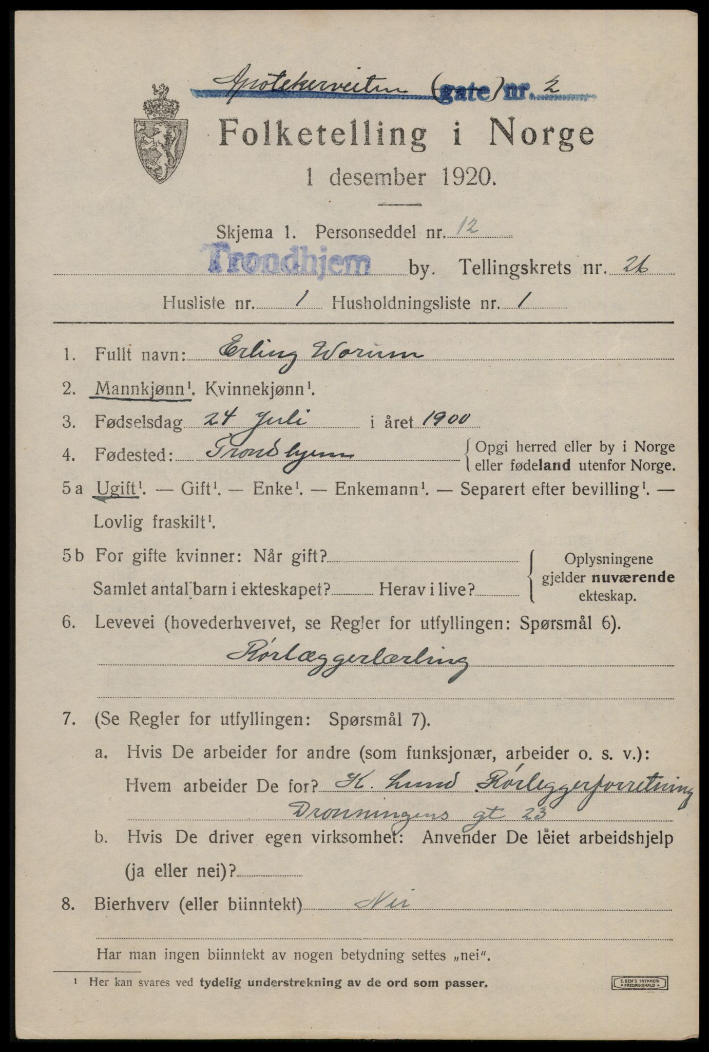 SAT, 1920 census for Trondheim, 1920, p. 68356