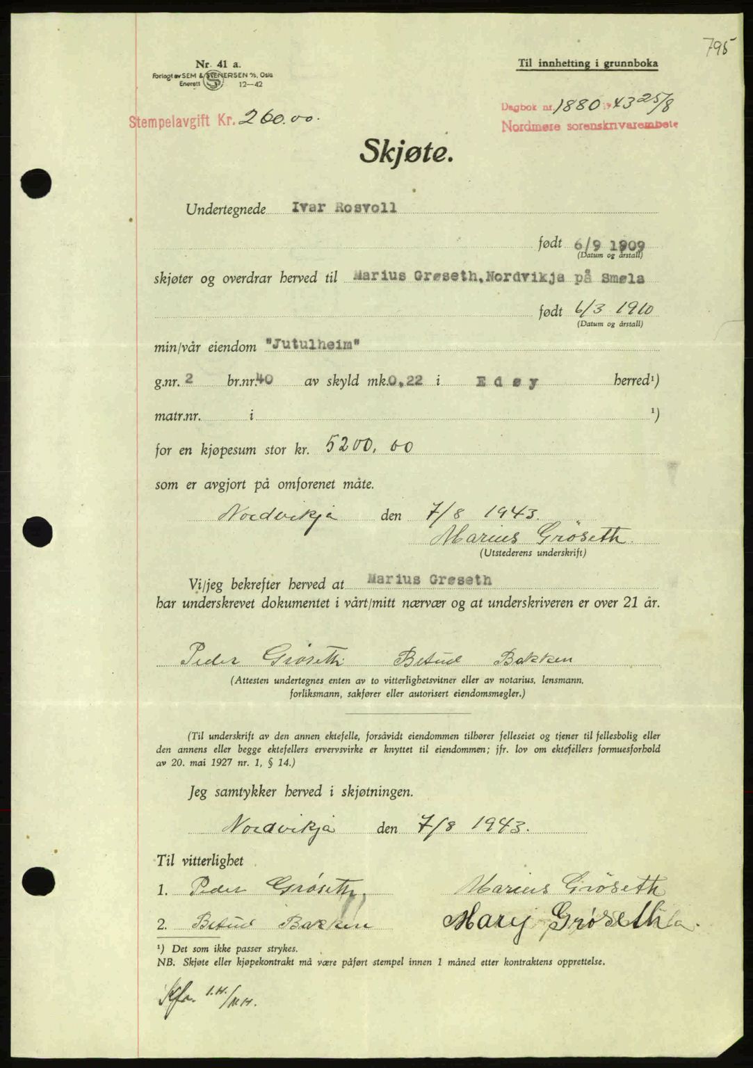 Nordmøre sorenskriveri, AV/SAT-A-4132/1/2/2Ca: Mortgage book no. A95, 1943-1943, Diary no: : 1880/1943