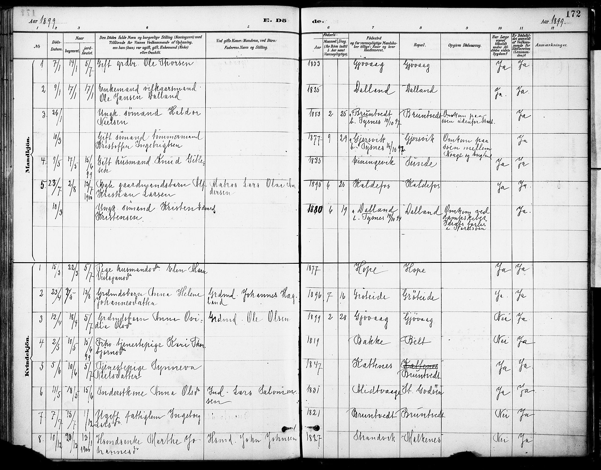 Tysnes sokneprestembete, SAB/A-78601/H/Haa: Parish register (official) no. B 1, 1887-1906, p. 172
