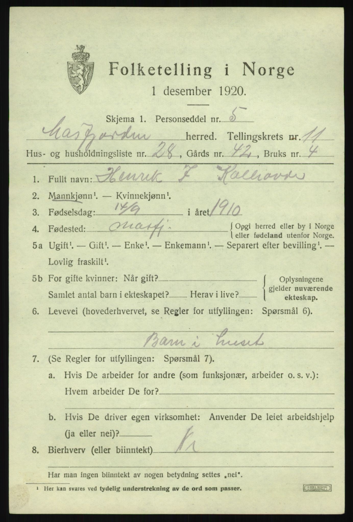 SAB, 1920 census for Masfjorden, 1920, p. 4457