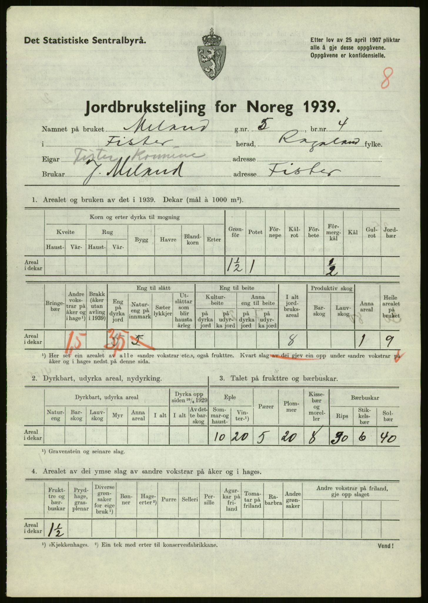 Statistisk sentralbyrå, Næringsøkonomiske emner, Jordbruk, skogbruk, jakt, fiske og fangst, AV/RA-S-2234/G/Gb/L0184: Rogaland: Årdal, Fister og Hjelmeland, 1939, p. 139