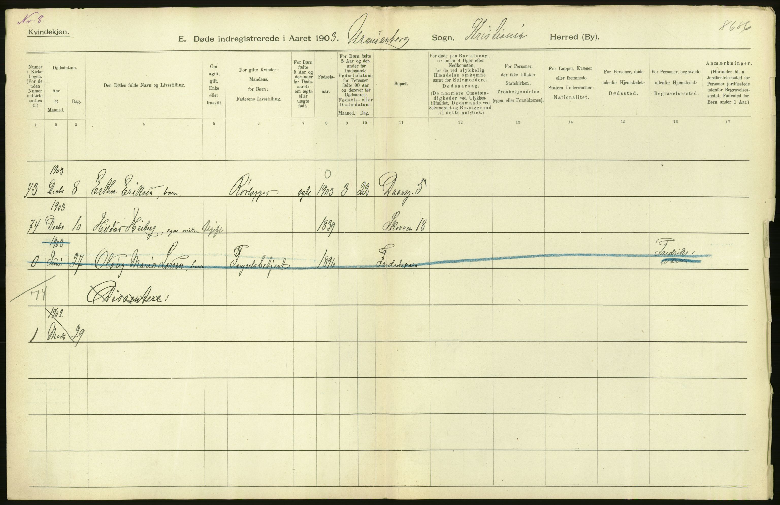 Statistisk sentralbyrå, Sosiodemografiske emner, Befolkning, AV/RA-S-2228/D/Df/Dfa/Dfaa/L0004: Kristiania: Gifte, døde, 1903, p. 196