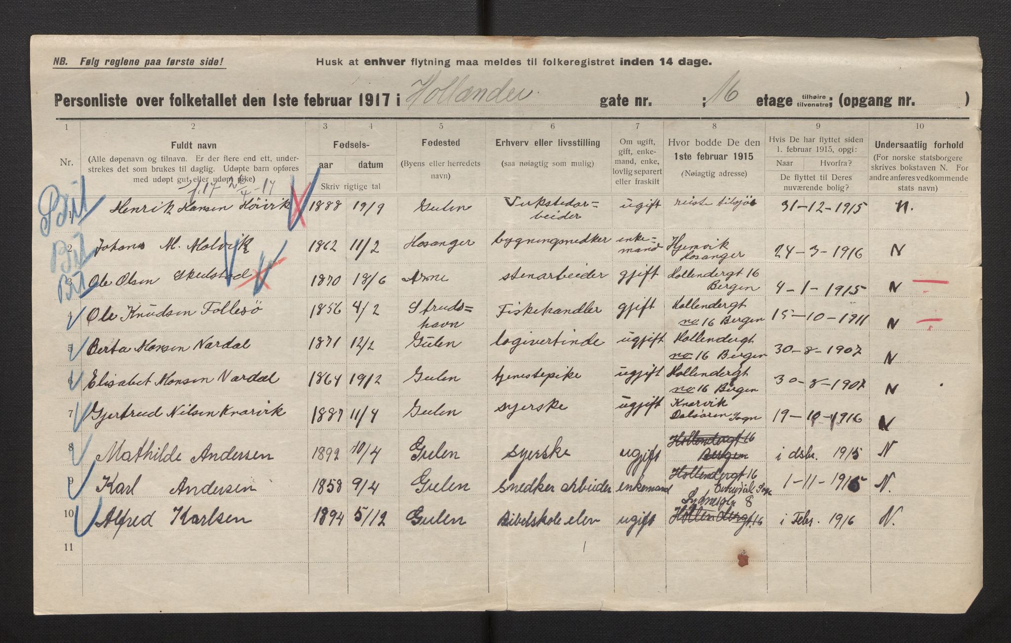 SAB, Municipal Census 1917 for Bergen, 1917, p. 15020