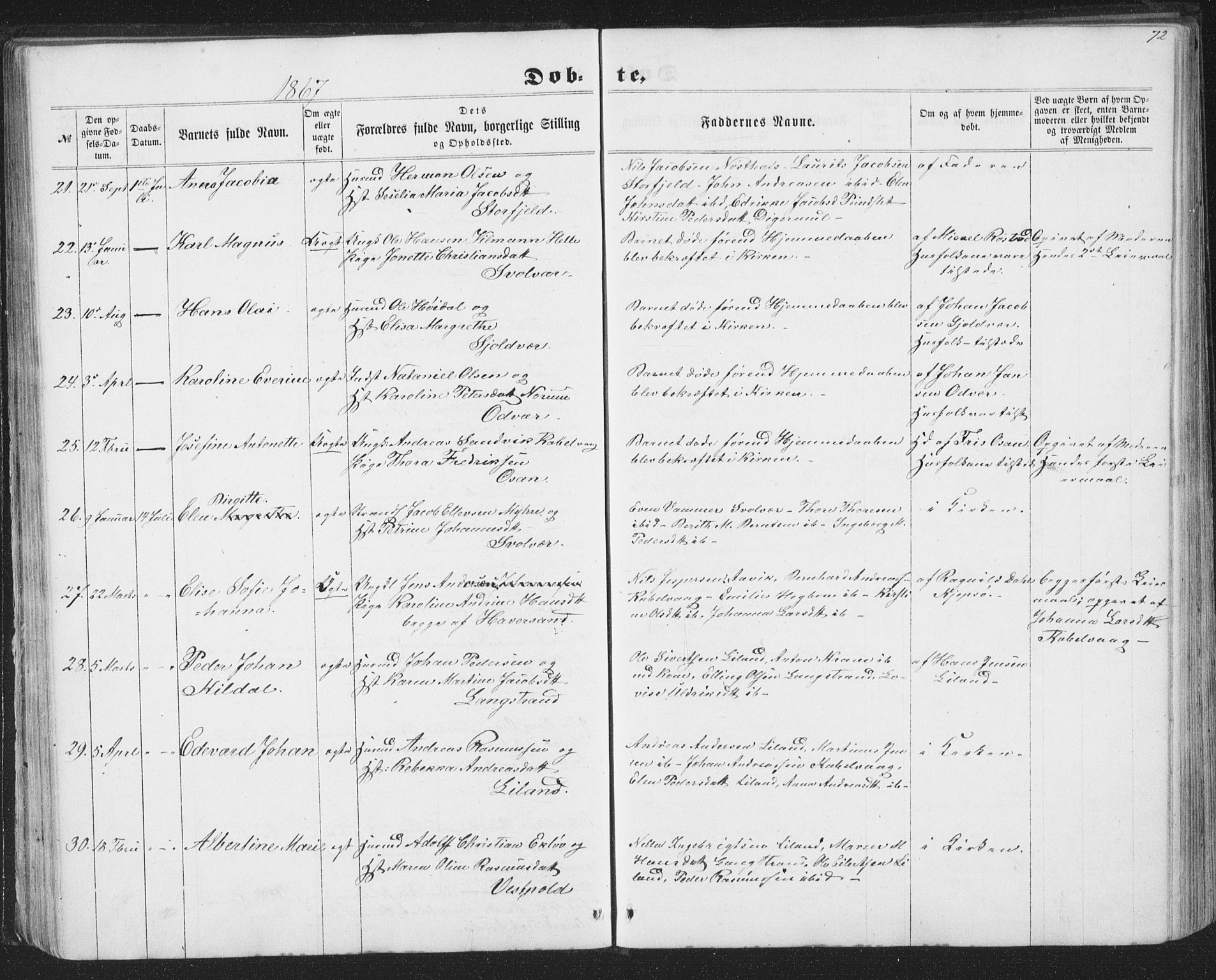 Ministerialprotokoller, klokkerbøker og fødselsregistre - Nordland, AV/SAT-A-1459/874/L1073: Parish register (copy) no. 874C02, 1860-1870, p. 72