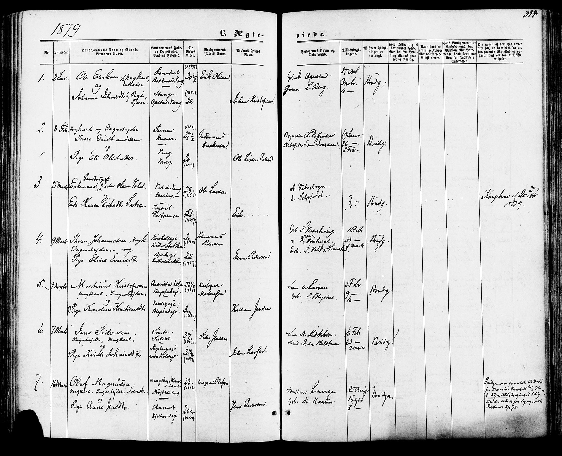 Vang prestekontor, Hedmark, SAH/PREST-008/H/Ha/Haa/L0015: Parish register (official) no. 15, 1871-1885, p. 314