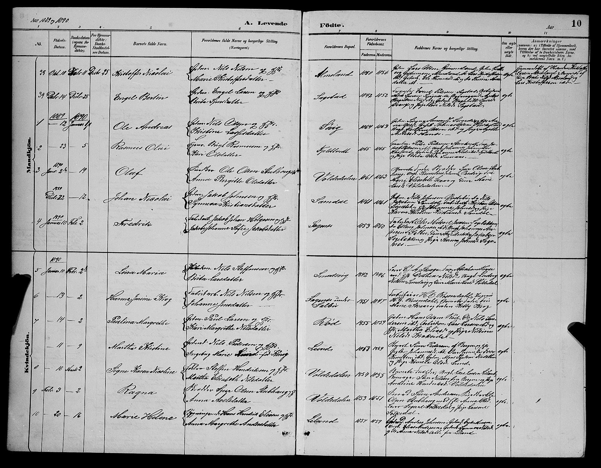 Fana Sokneprestembete, AV/SAB-A-75101/H/Hab/Haba/L0002: Parish register (copy) no. A 2, 1889-1895, p. 10