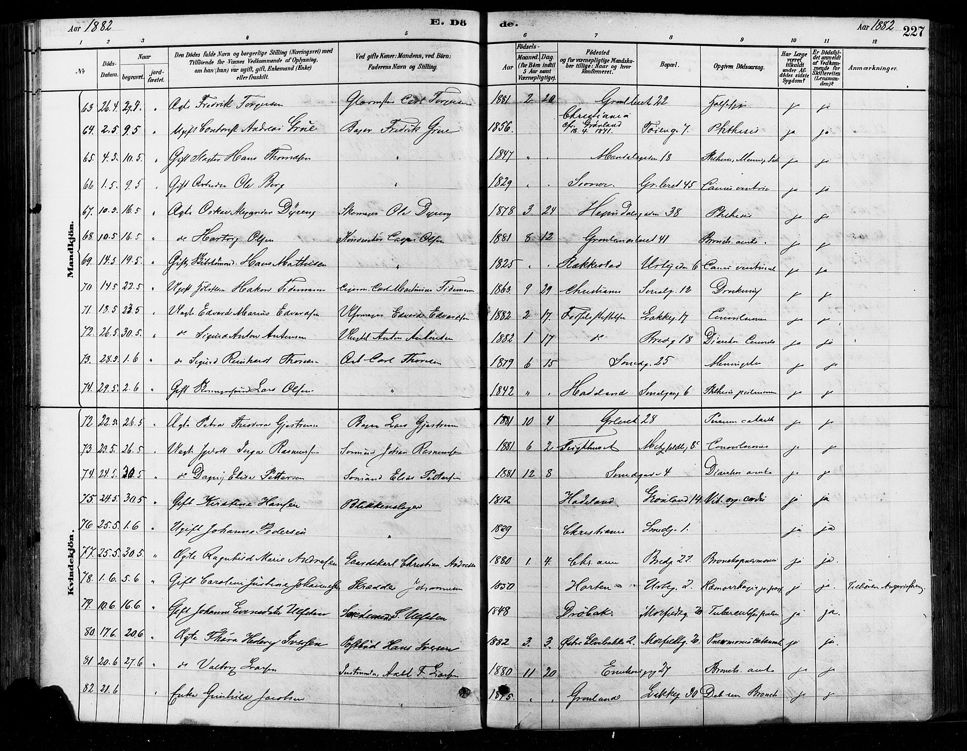 Grønland prestekontor Kirkebøker, SAO/A-10848/F/Fa/L0008: Parish register (official) no. 8, 1881-1893, p. 227