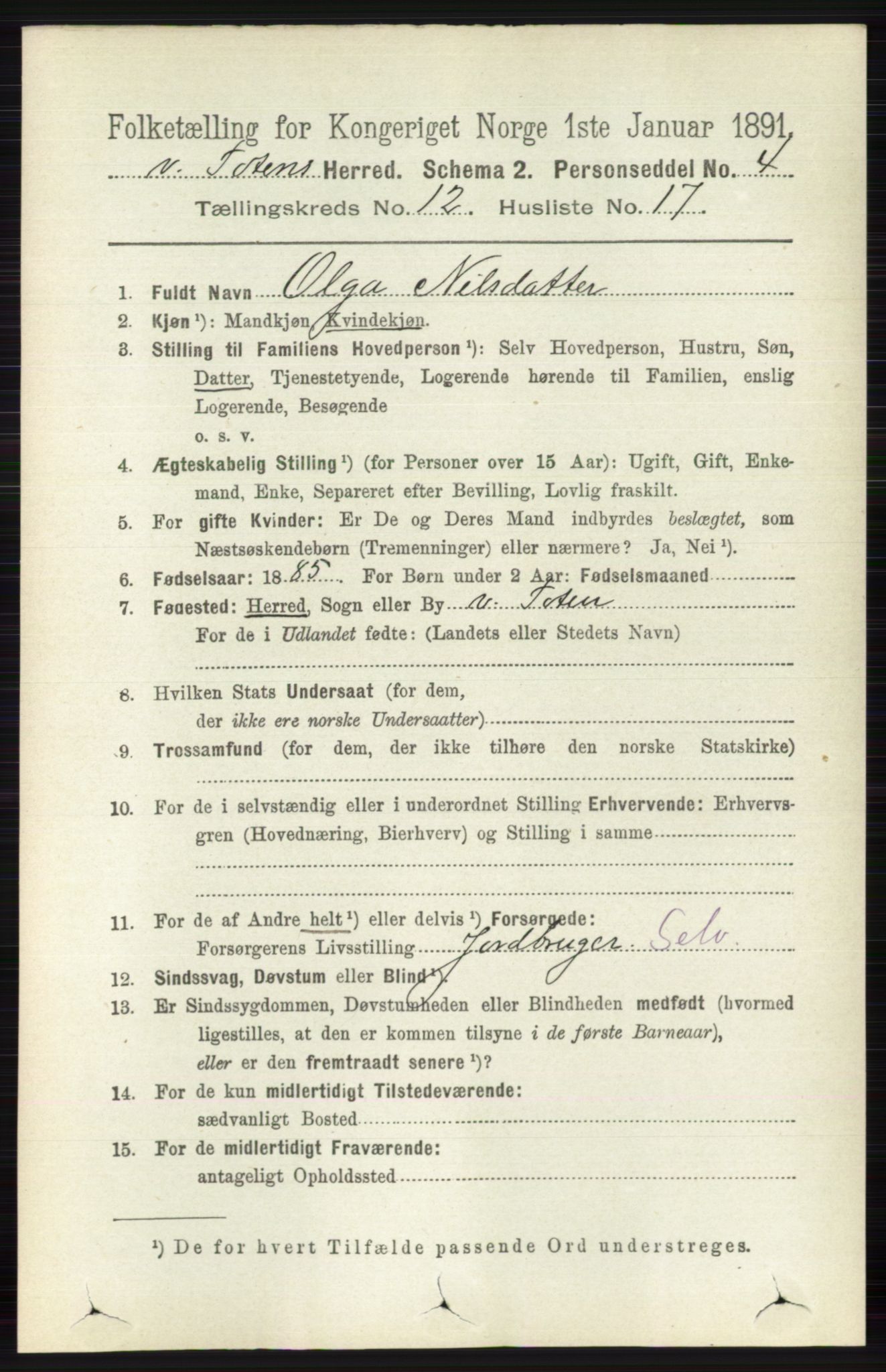 RA, 1891 census for 0529 Vestre Toten, 1891, p. 7384