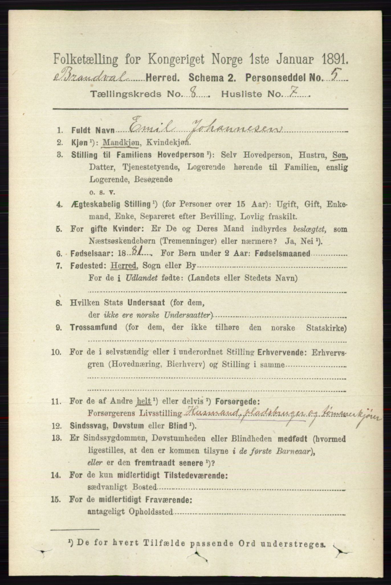 RA, 1891 census for 0422 Brandval, 1891, p. 3875