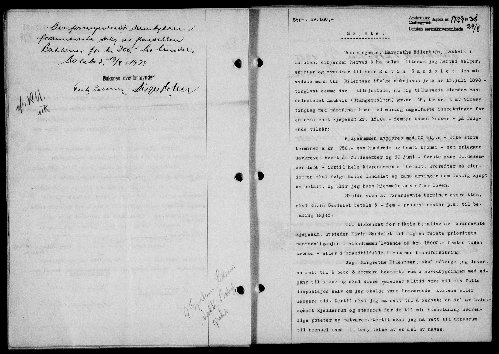 Lofoten sorenskriveri, SAT/A-0017/1/2/2C/L0004a: Mortgage book no. 4a, 1938-1938, Diary no: : 1729/1938