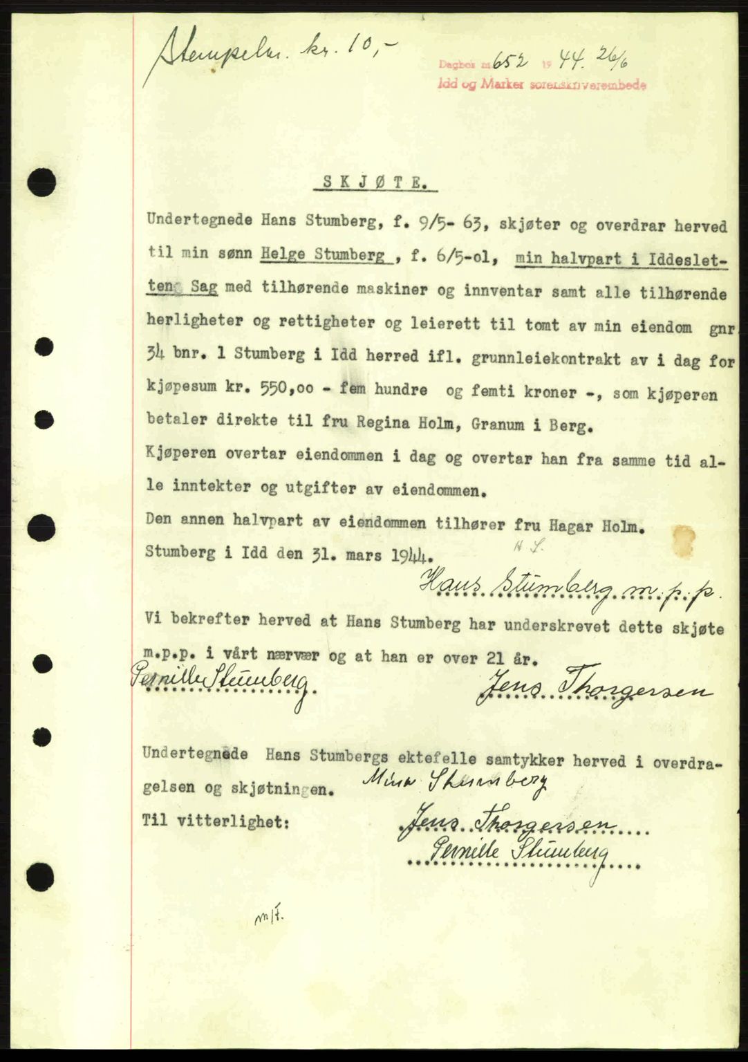 Idd og Marker sorenskriveri, AV/SAO-A-10283/G/Gb/Gbb/L0006: Mortgage book no. A6, 1943-1944, Diary no: : 652/1944