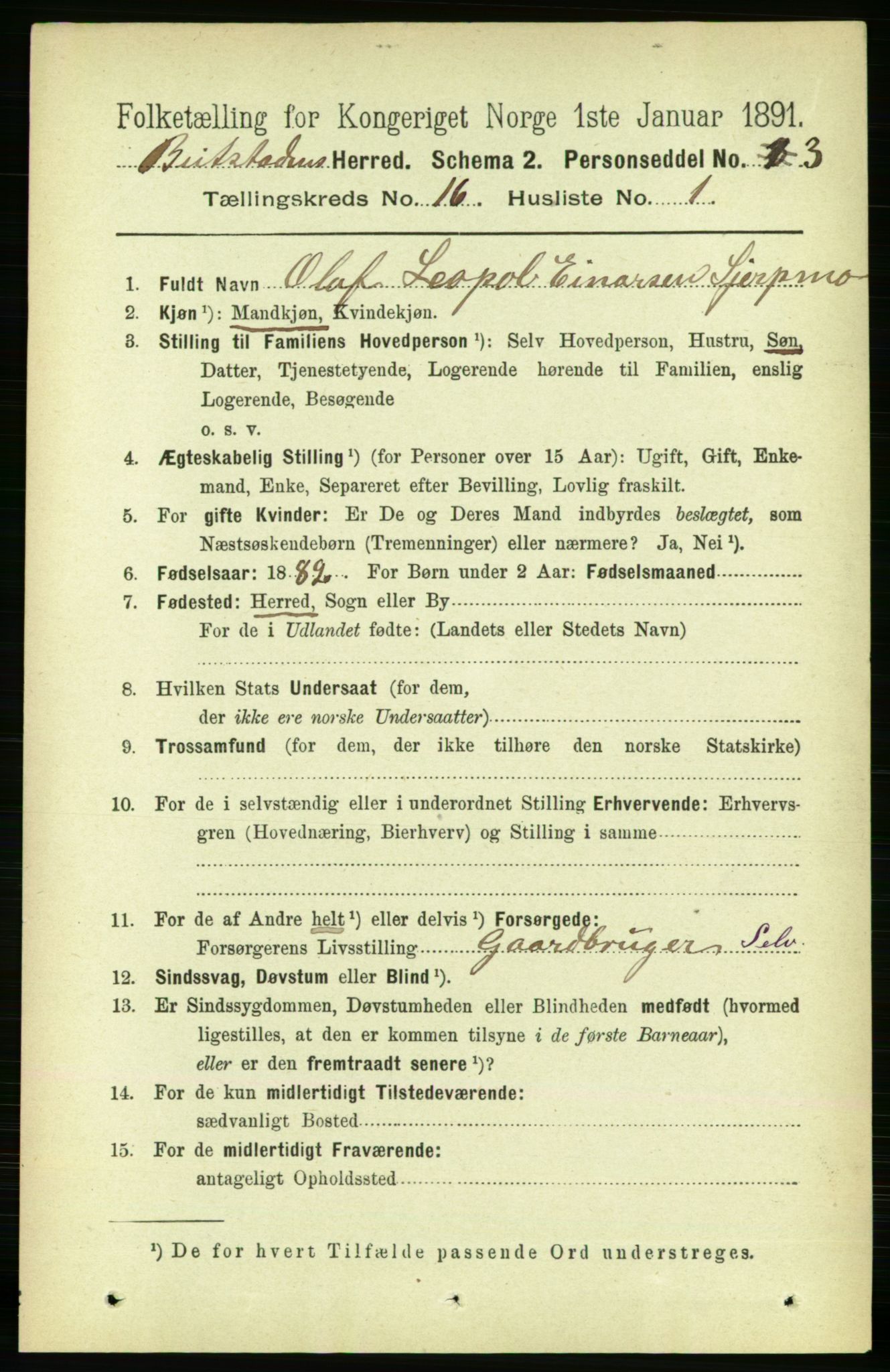 RA, 1891 census for 1727 Beitstad, 1891, p. 4170