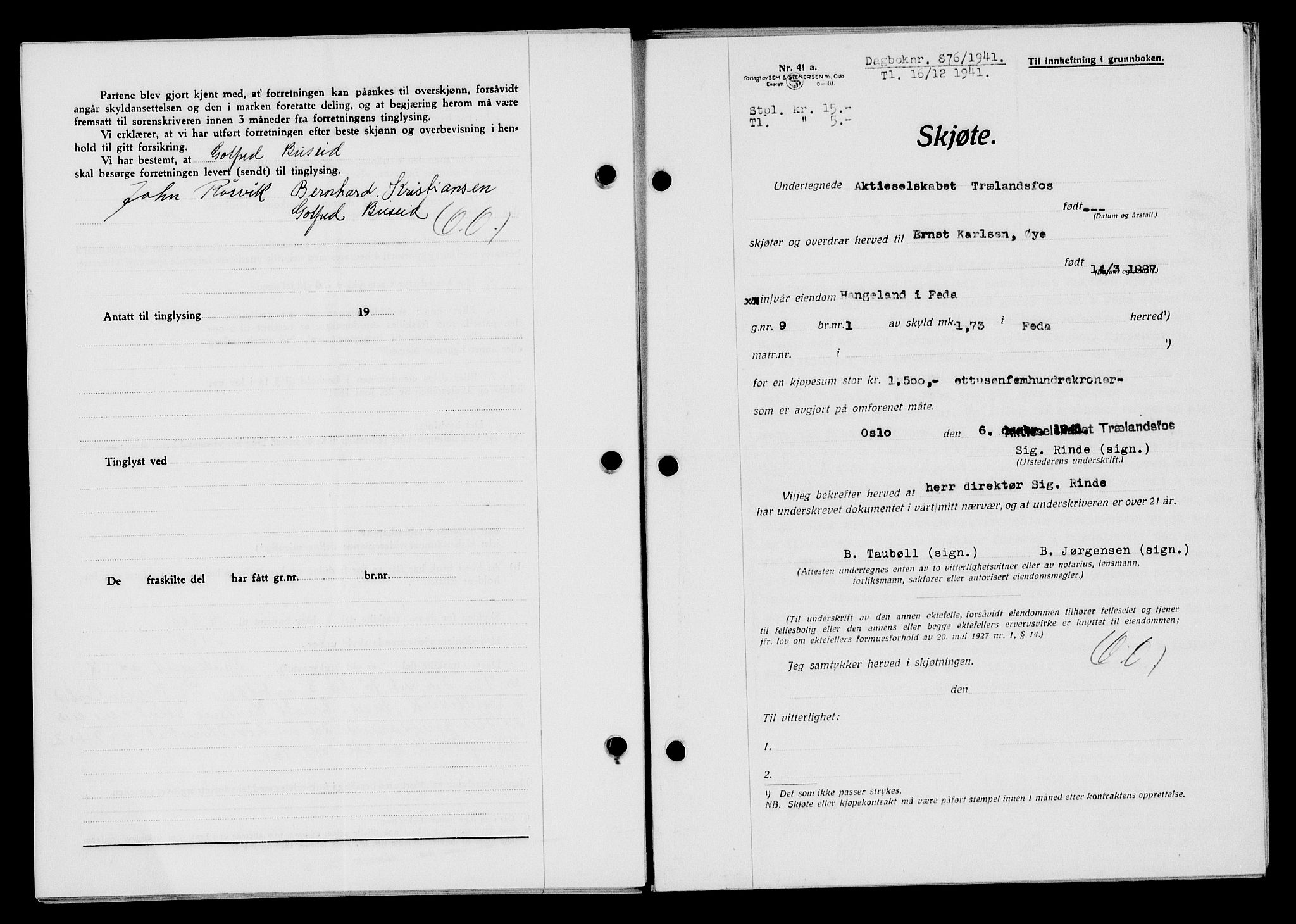 Flekkefjord sorenskriveri, SAK/1221-0001/G/Gb/Gba/L0057: Mortgage book no. A-5, 1941-1942, Diary no: : 876/1941