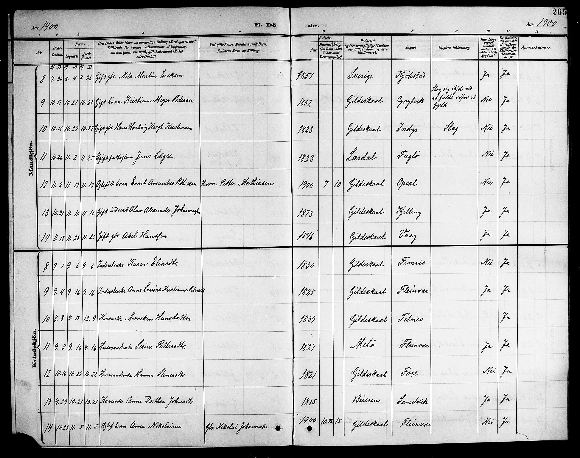 Ministerialprotokoller, klokkerbøker og fødselsregistre - Nordland, AV/SAT-A-1459/805/L0109: Parish register (copy) no. 805C05, 1900-1911, p. 265