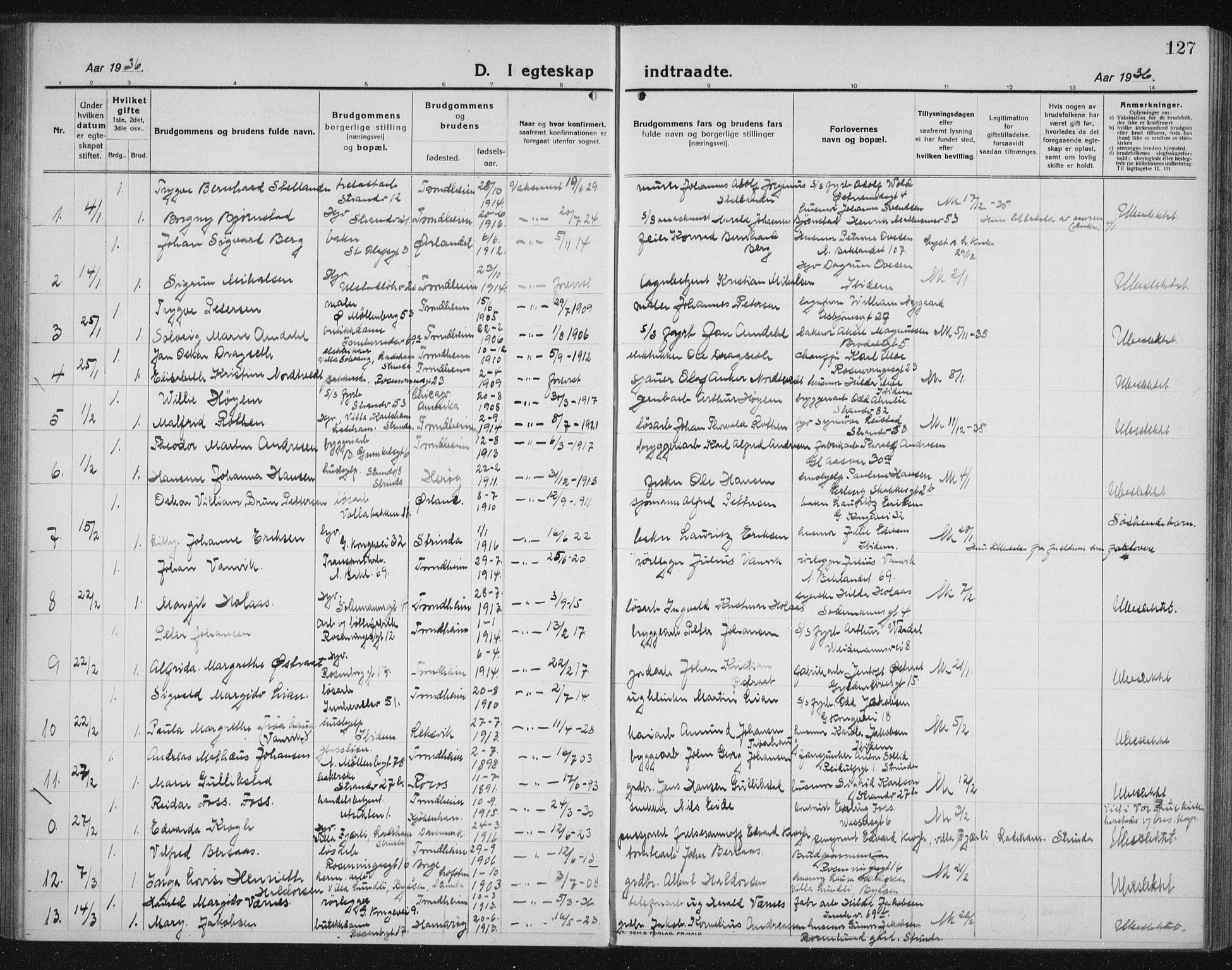 Ministerialprotokoller, klokkerbøker og fødselsregistre - Sør-Trøndelag, AV/SAT-A-1456/605/L0260: Parish register (copy) no. 605C07, 1922-1942, p. 127