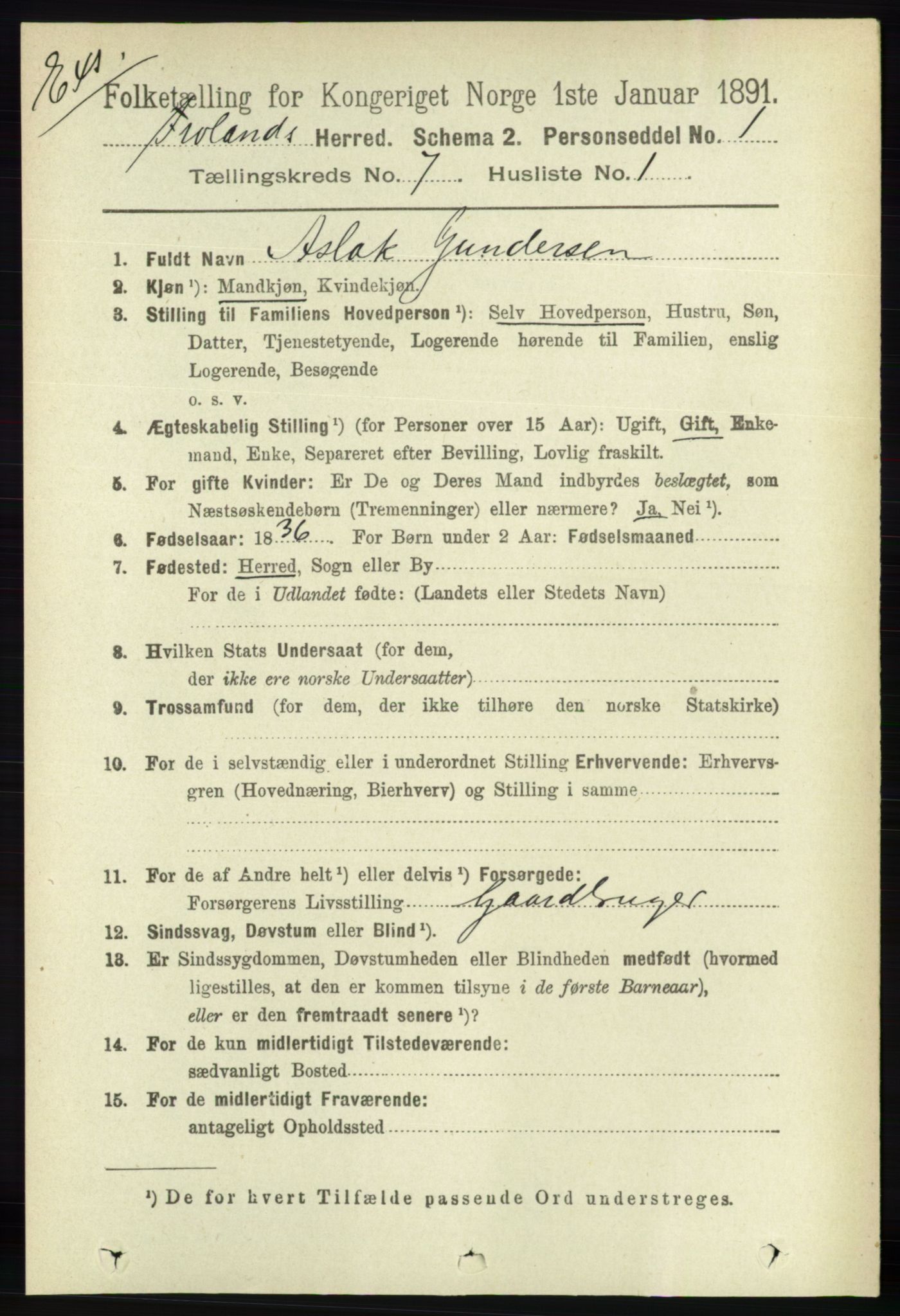 RA, Census 1891 for Nedenes amt: Gjenparter av personsedler for beslektede ektefeller, menn, 1891, p. 451