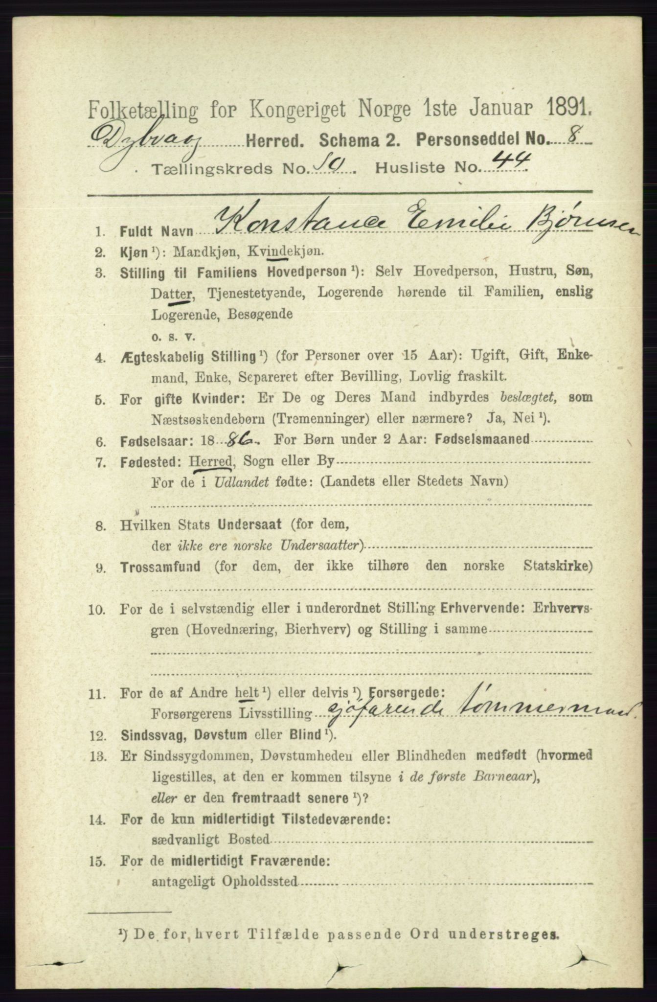 RA, 1891 census for 0915 Dypvåg, 1891, p. 3998